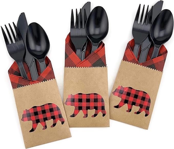 12 - Set Buffalo Plaid Bear Cutlery Set - Stesha Party