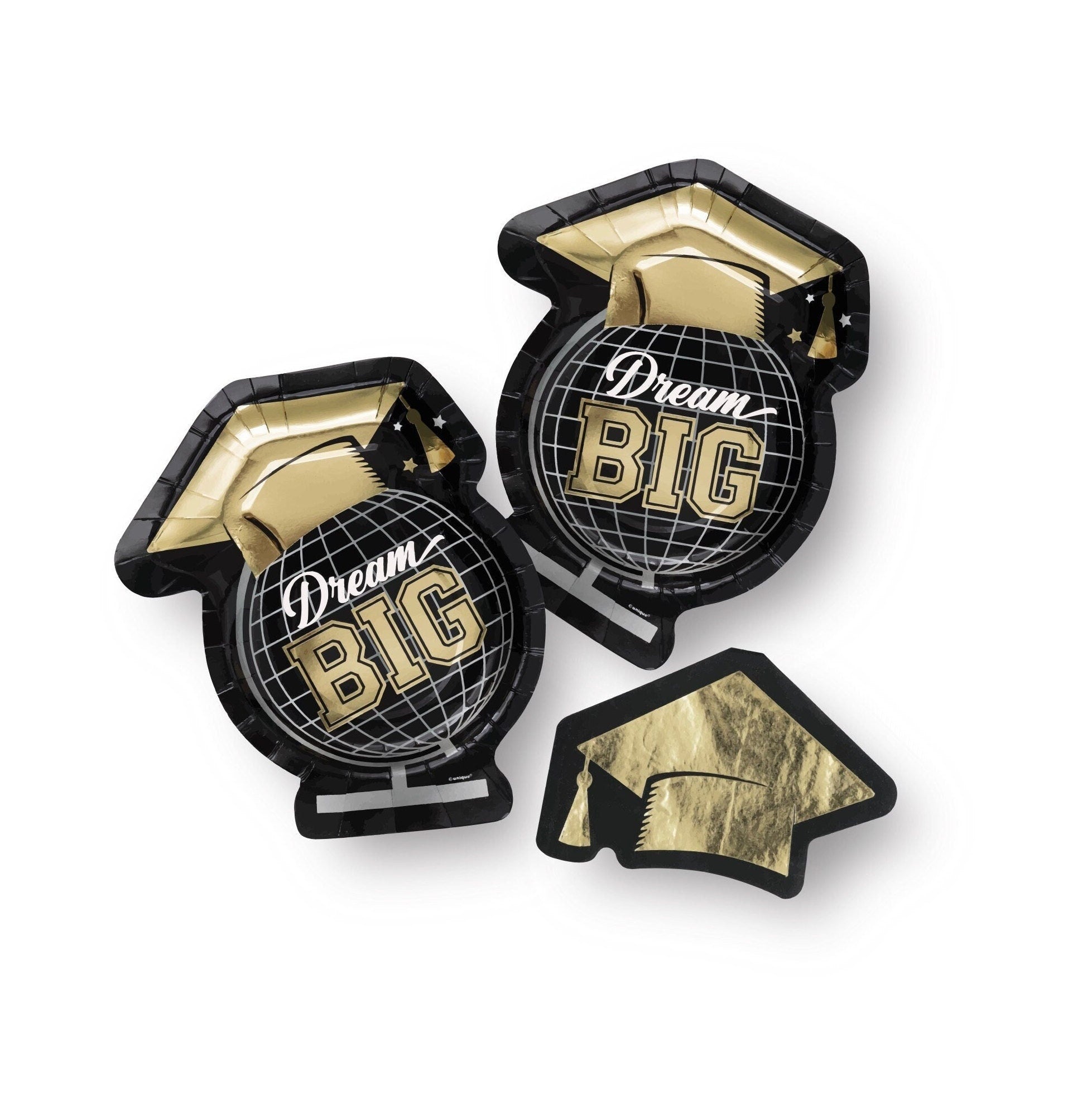 Black & Gold "Dream Big" Graduation Party Paper Plates & Napkins - Stesha Party