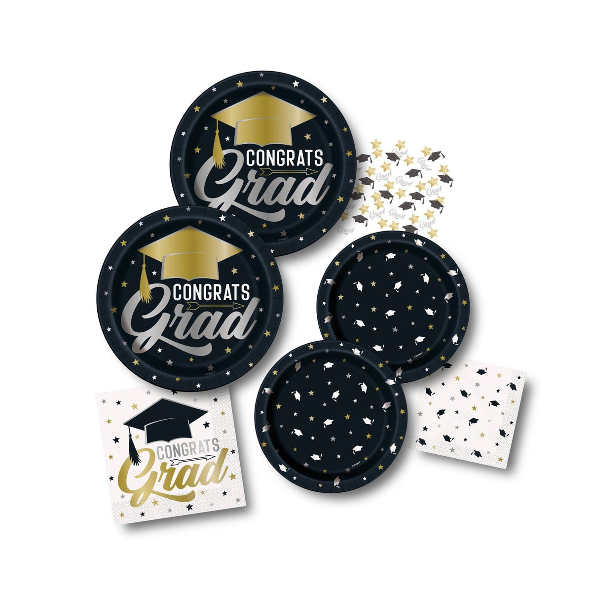 Black &amp; Gold Graduation Party Paper Plates, Napkins &amp; Confetti - Stesha Party