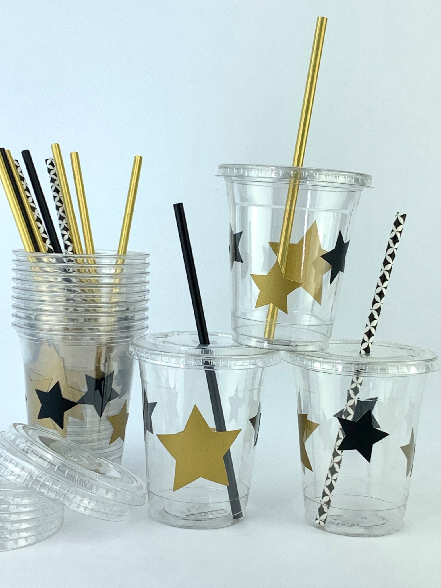 Black & Gold Star Plastic Cups 12ct - Stesha Party