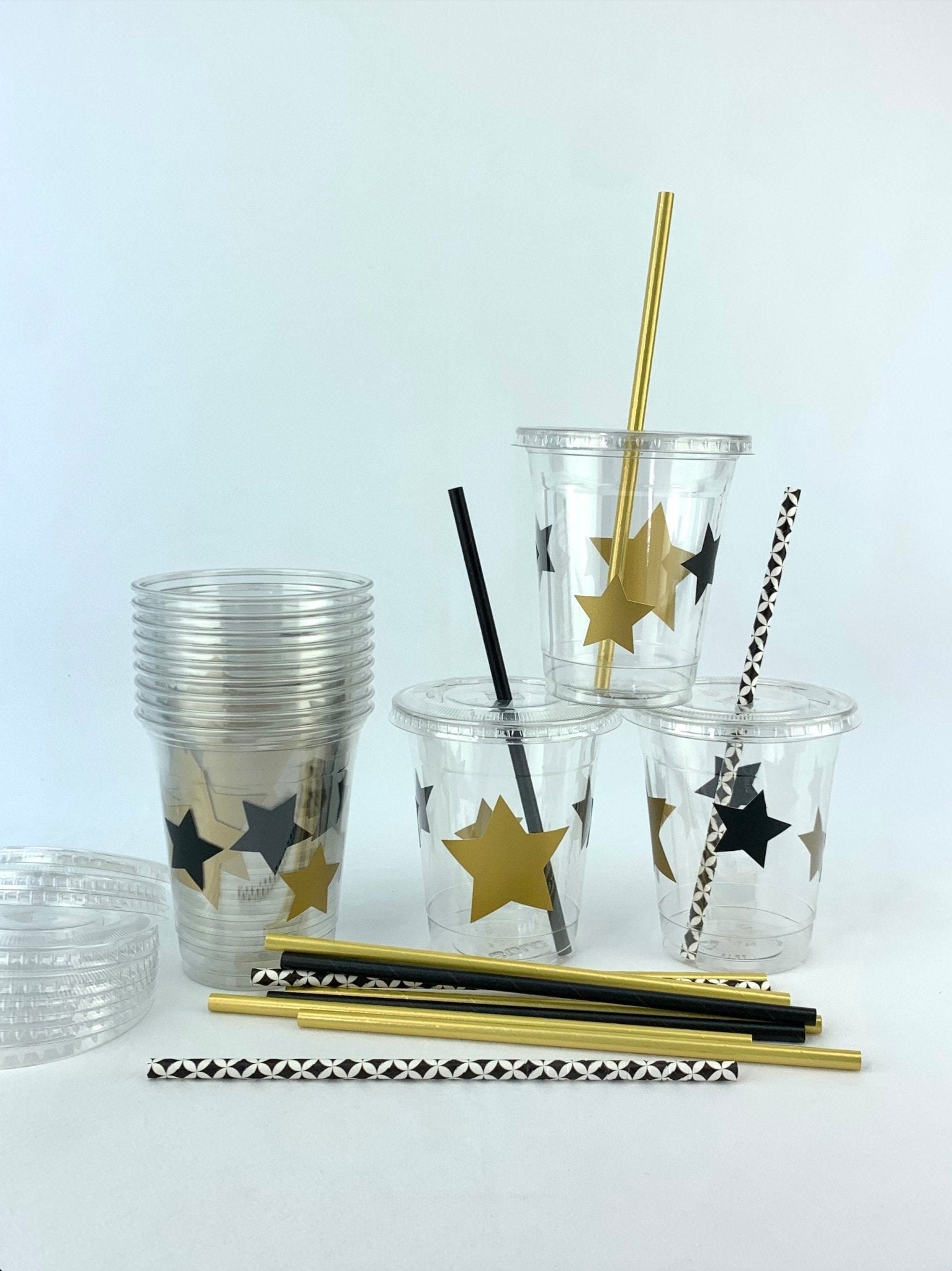 Black & Gold Star Plastic Cups 12ct - Stesha Party