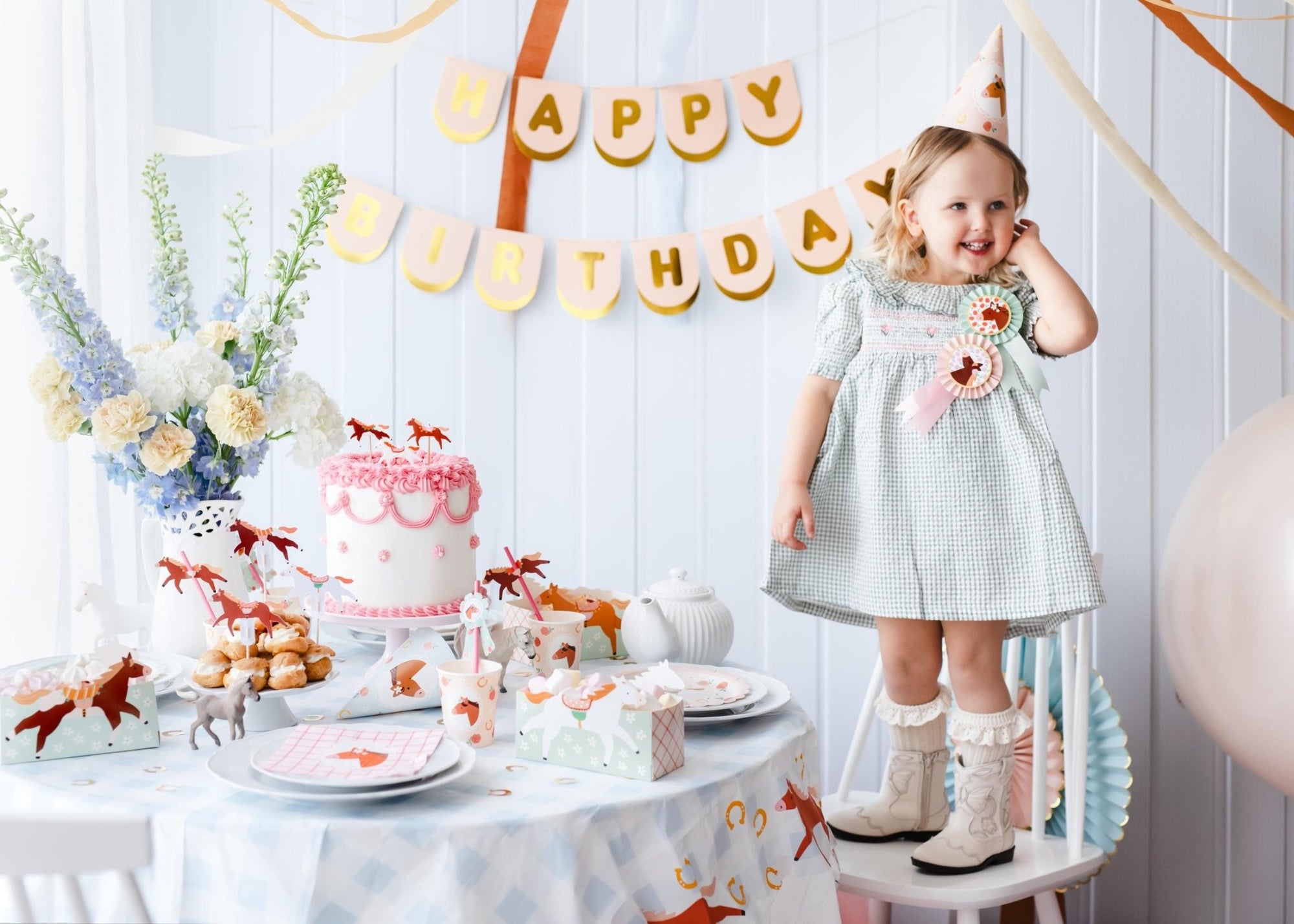 Blue Gingham Horse Tablecloth - Stesha Party