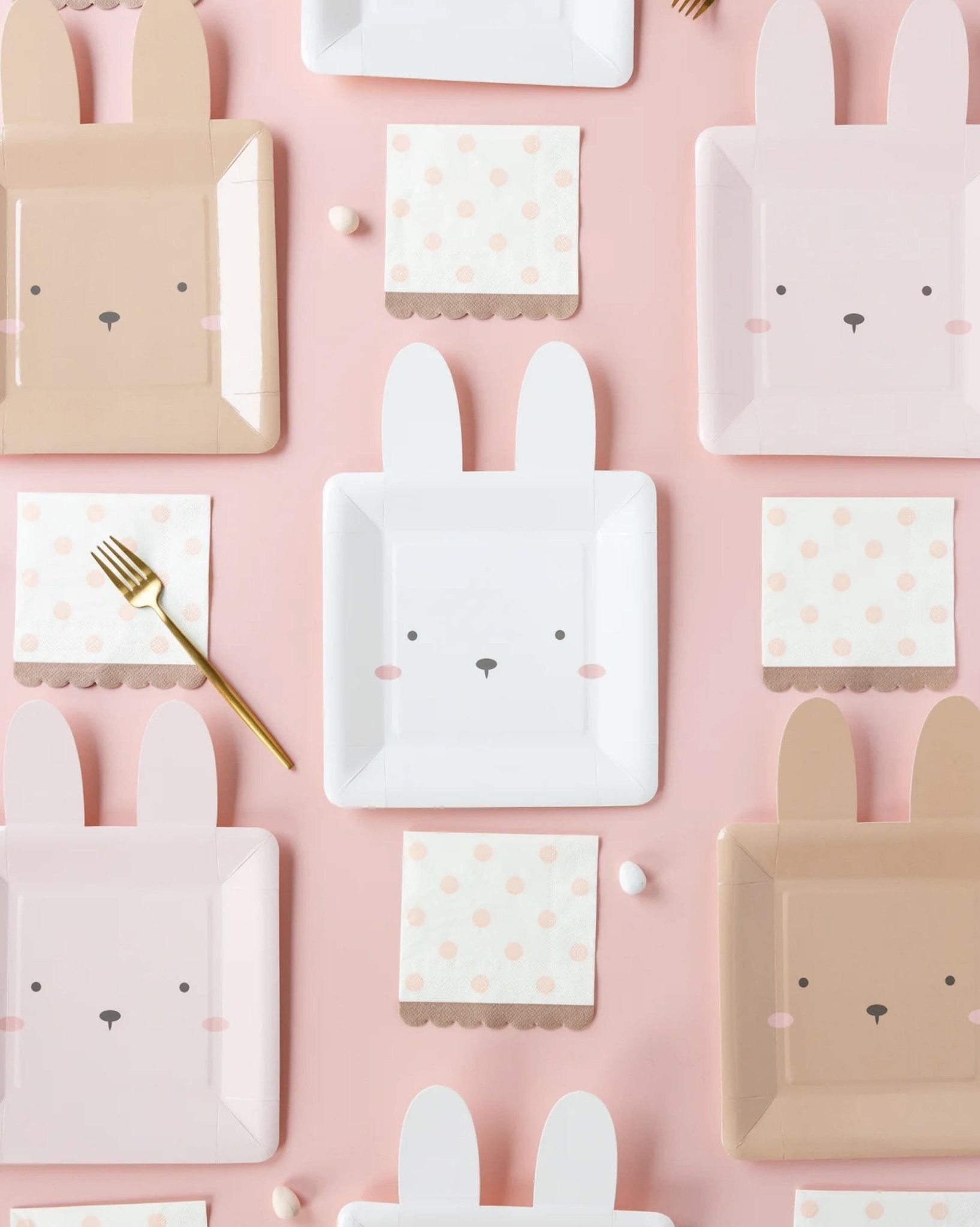 Brown, Pink & White Square Bunny Face Plates 9ct - Stesha Party