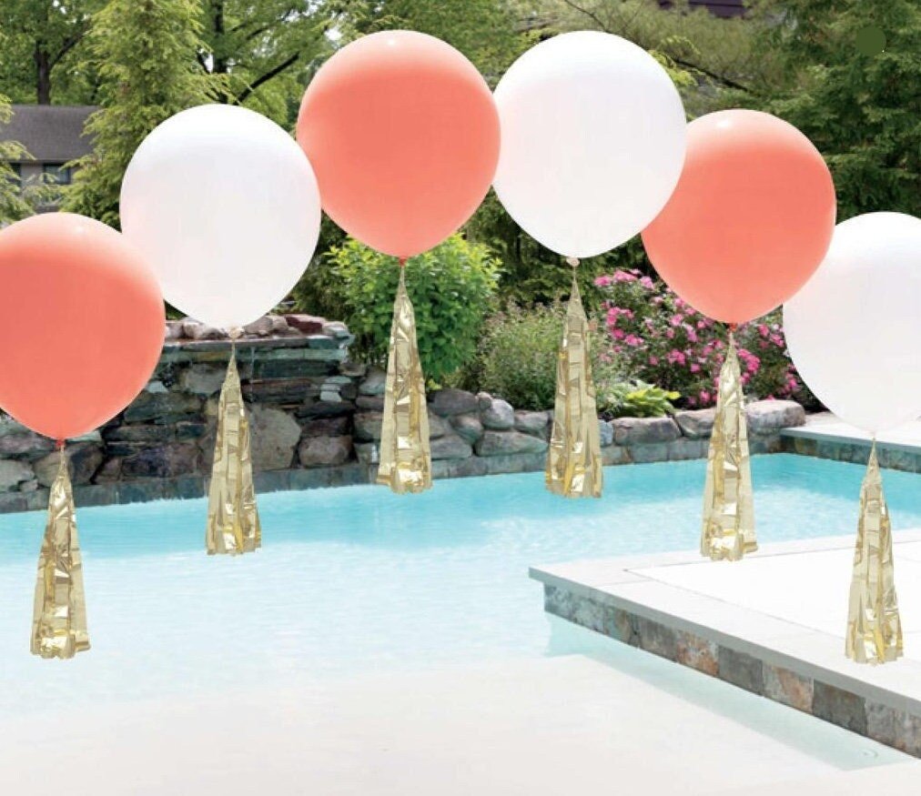 Coral &amp; White Balloon Arch w/Tassels - Stesha Party