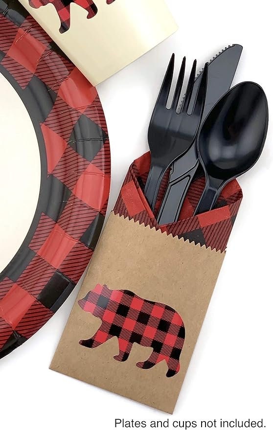 12-Set Bear Cutlery, Buffalo Plaid Party Supplies, Lumberjack Birthday Cutlery, Buffalo Plaid Party Decorations, Woodland Birthday Decor