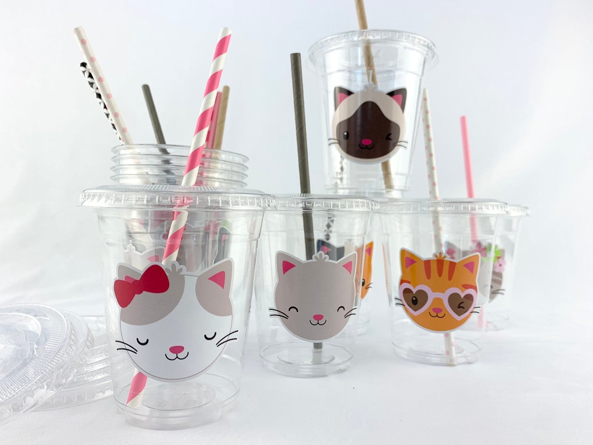 Kitten Cups With Lids & Straws - Stesha Party