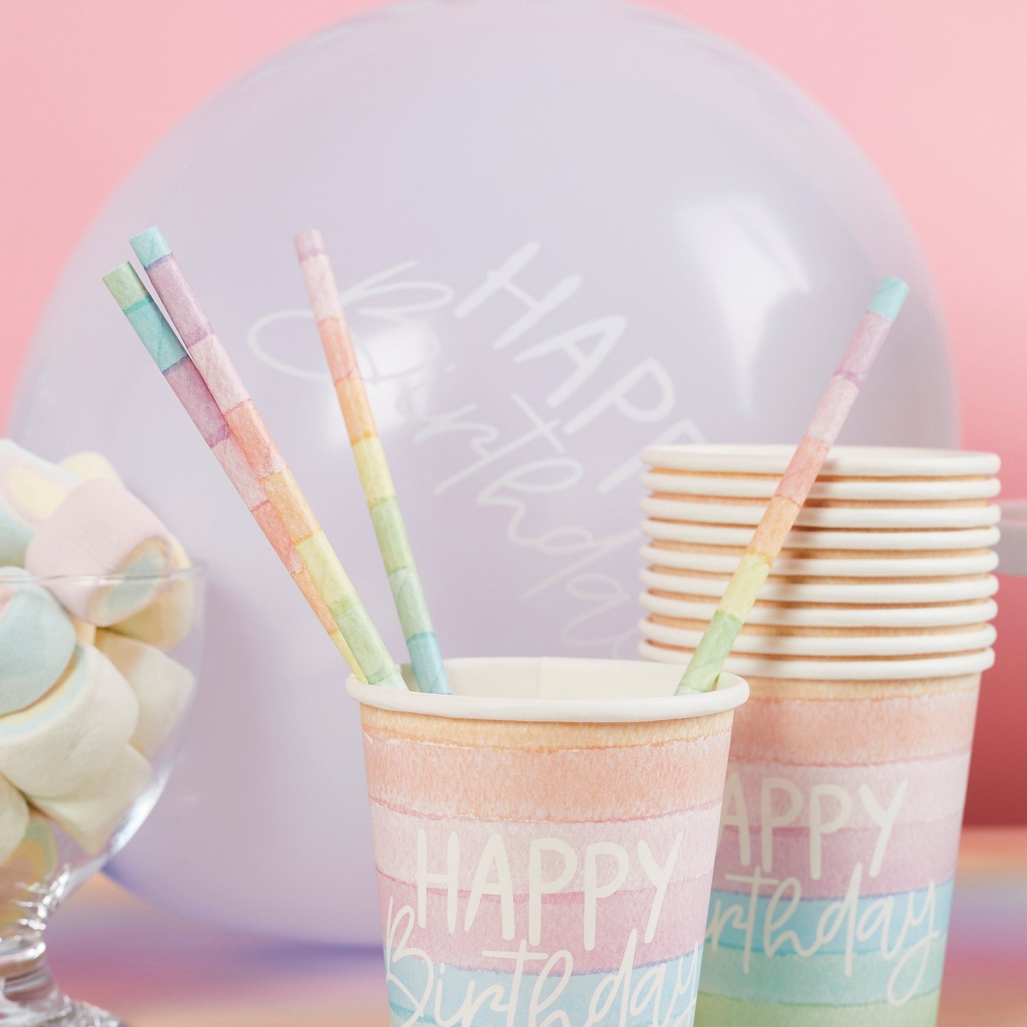 Pastel Rainbow Stripe Straws 16ct - Stesha Party