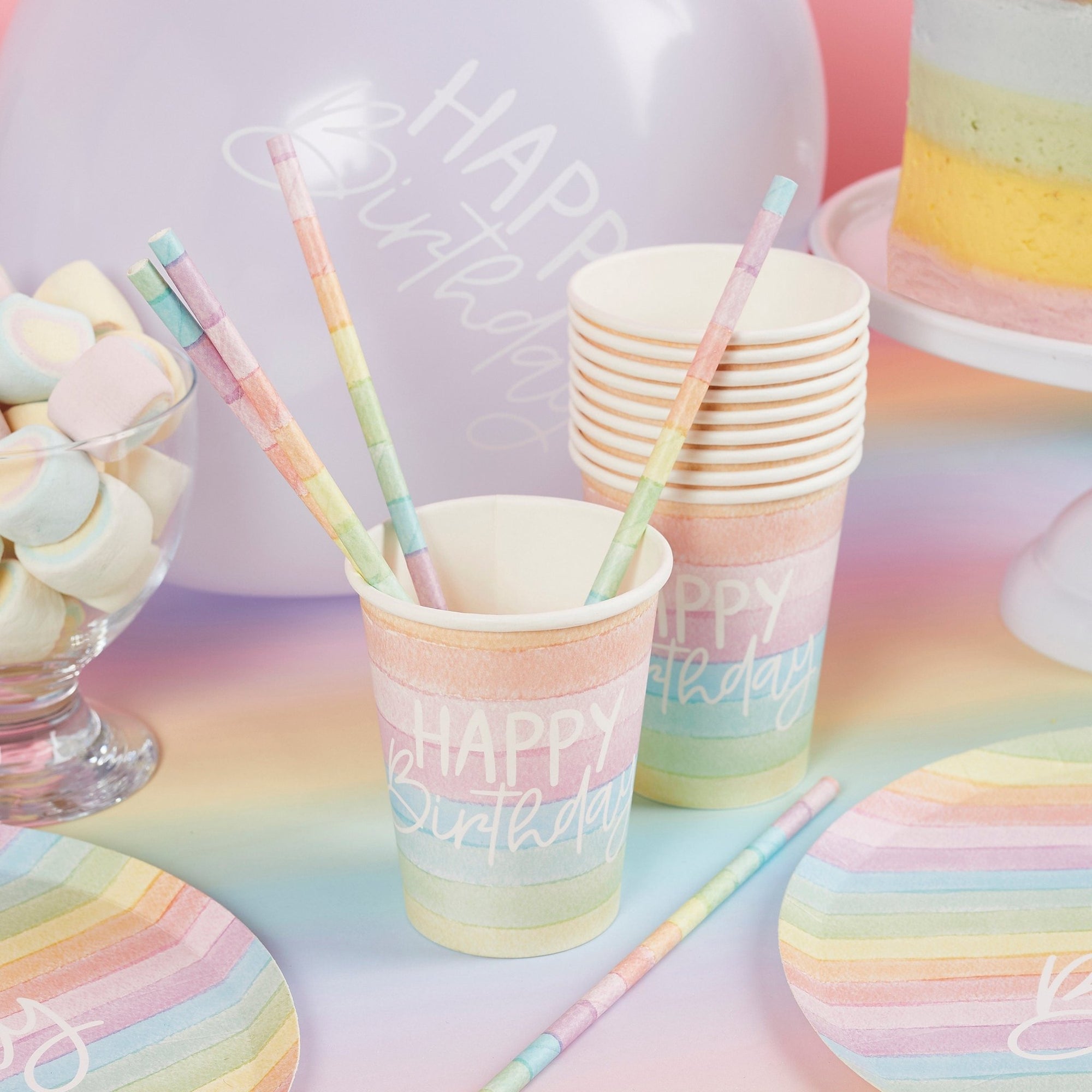 Pastel Rainbow Stripe Straws 16ct - Stesha Party