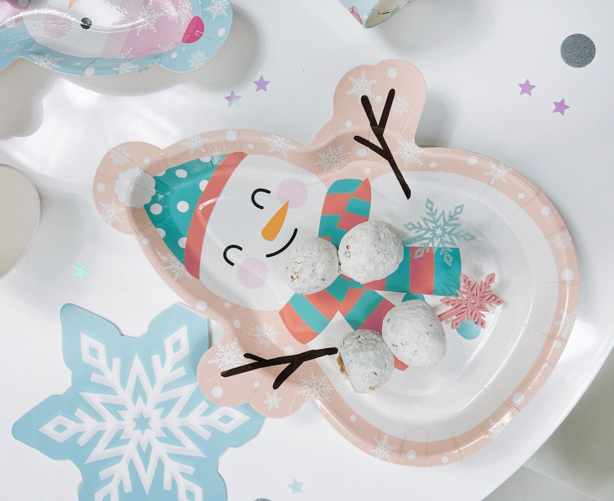 Pink & Blue Snowman Party Plates - Stesha Party