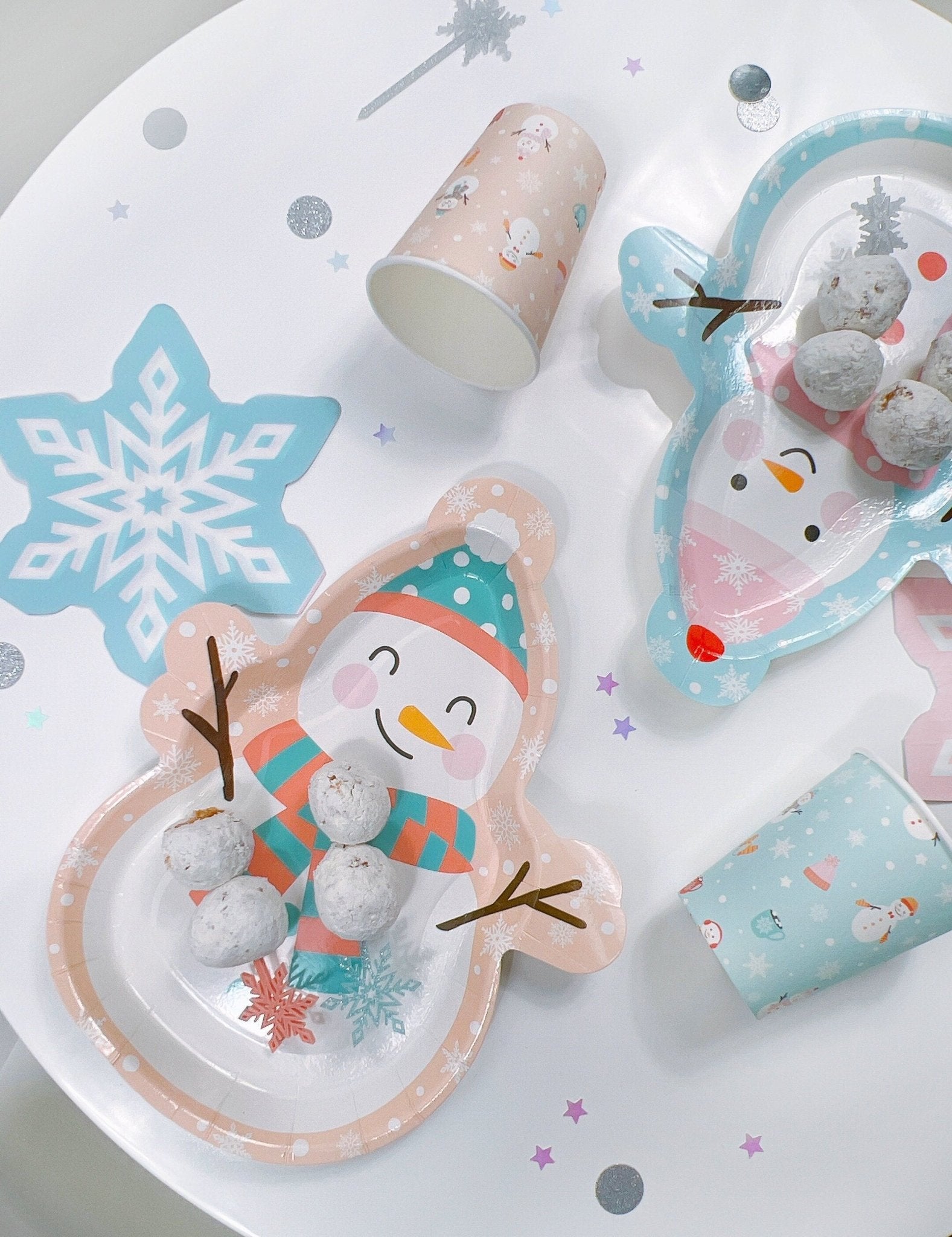 Pink & Blue Snowman Party Plates - Stesha Party