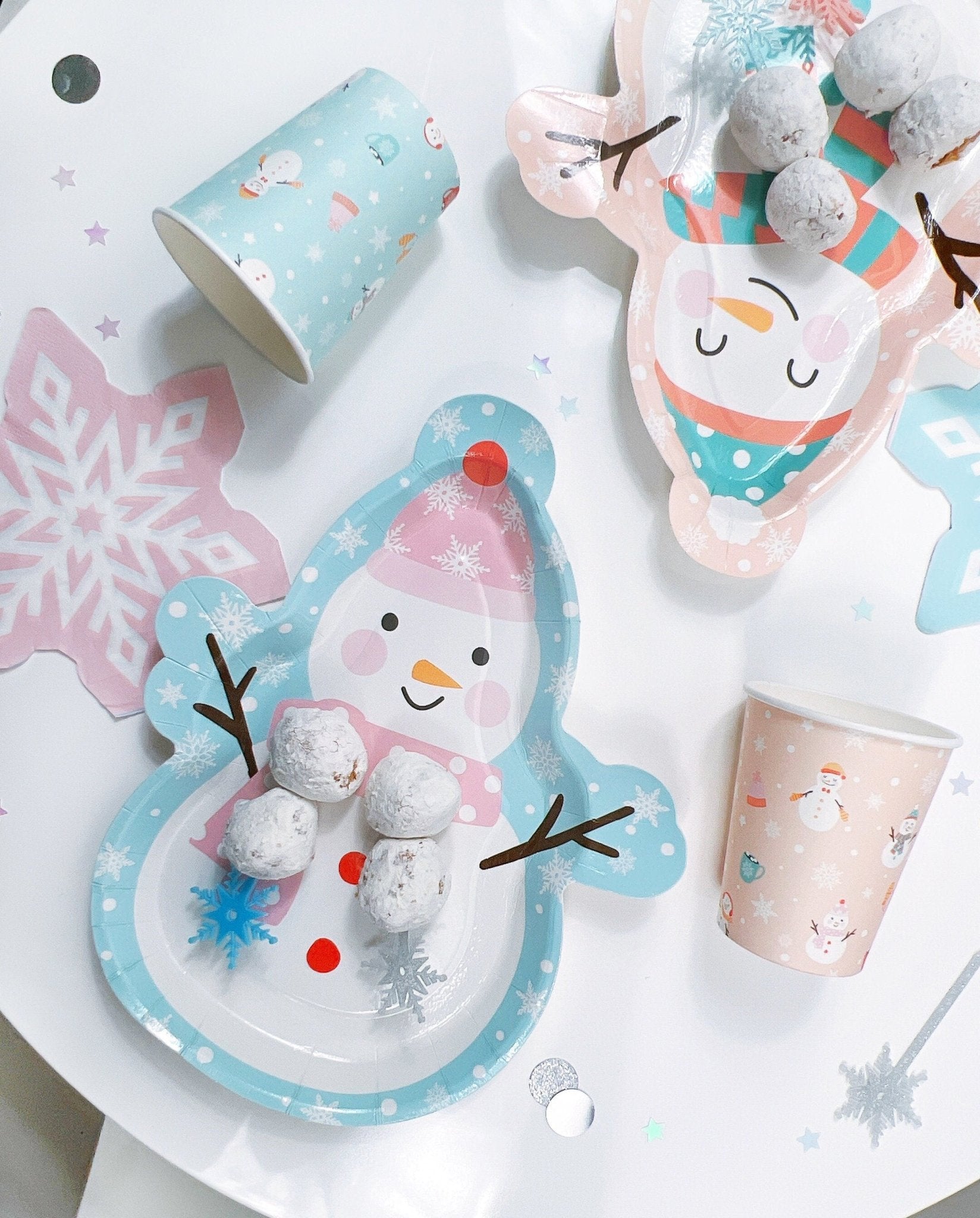 Pink & Blue Snowman Party Plates - Stesha Party