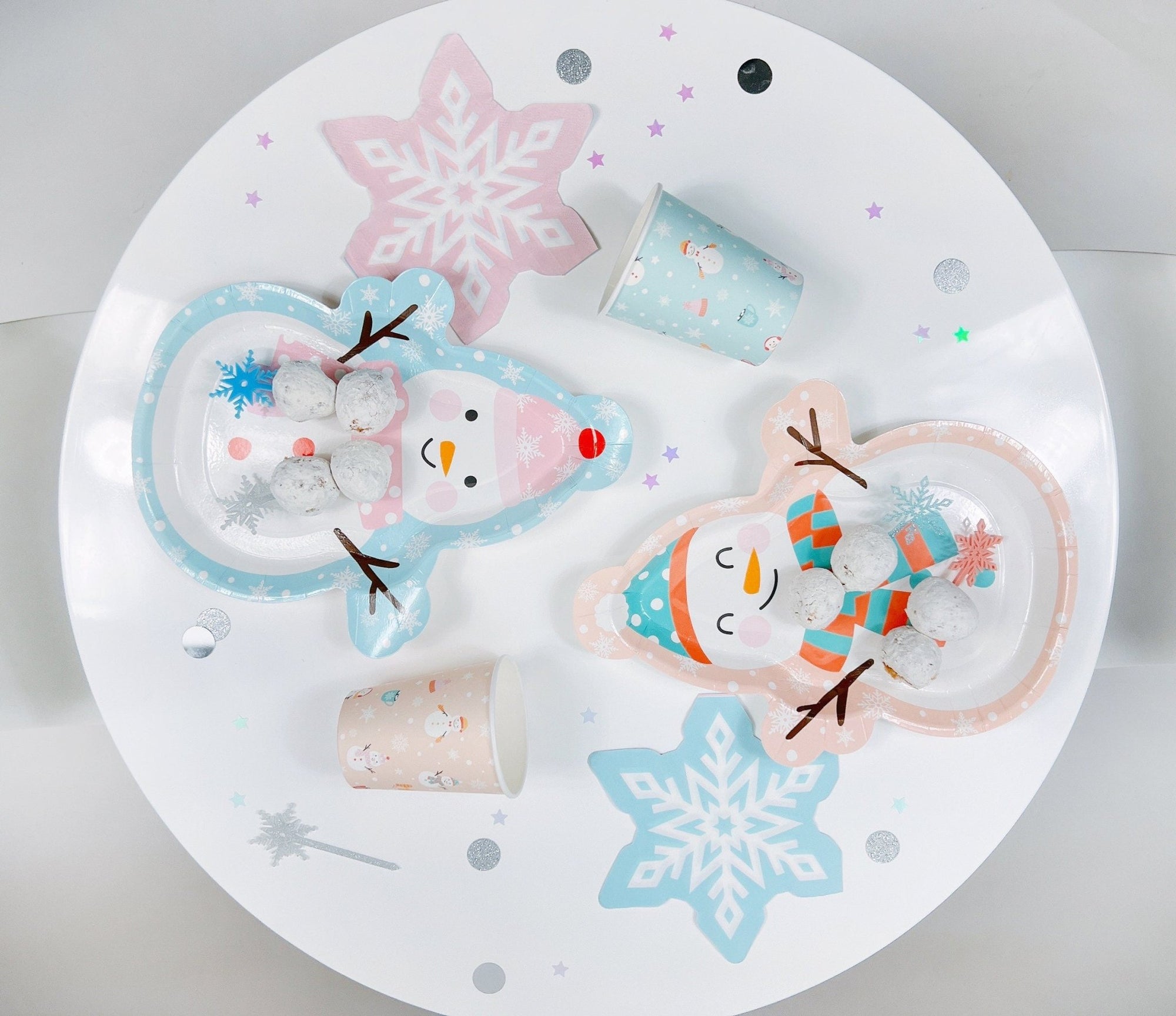 Pink & Blue Snowman Party Plates - Stesha Party