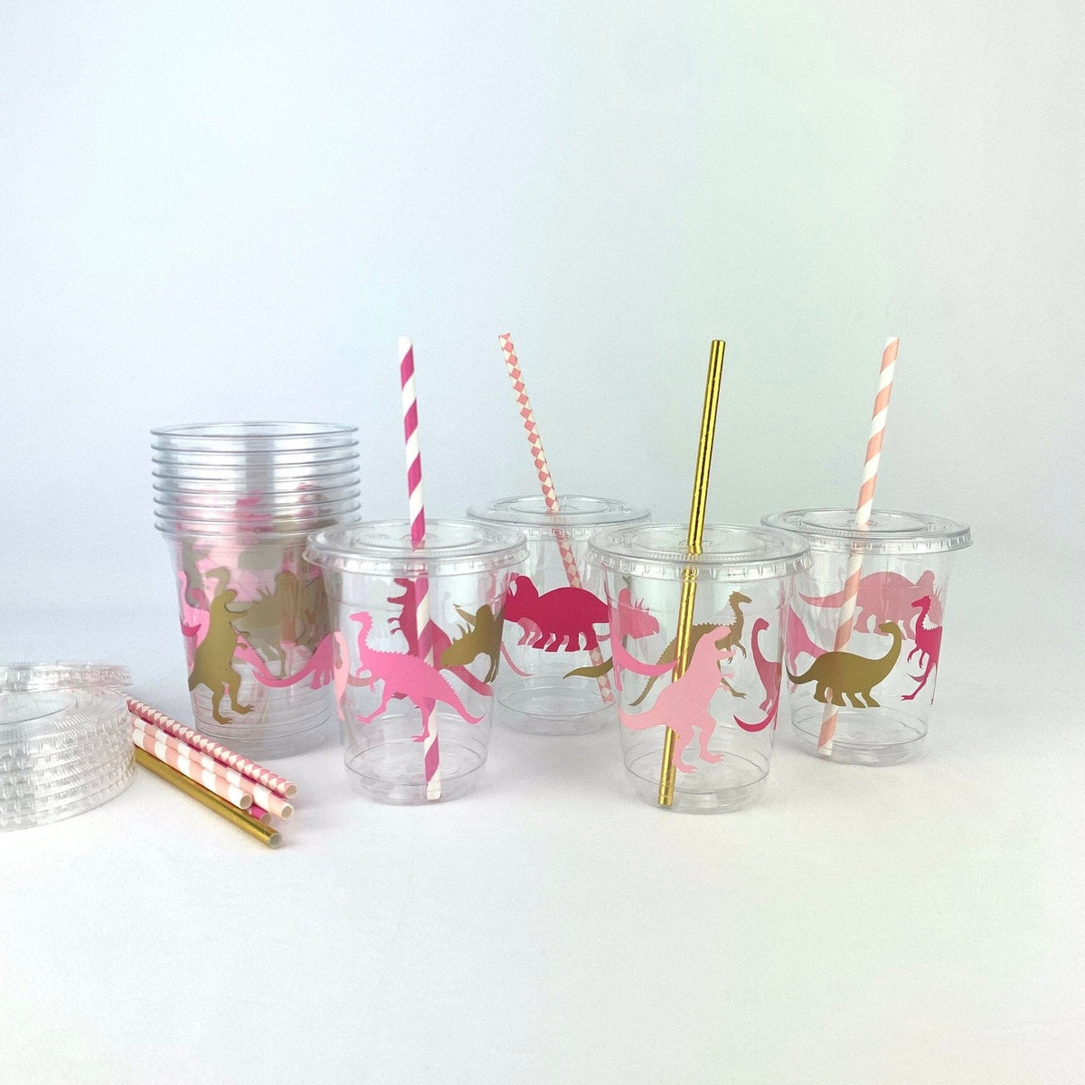 Pink Dinosaur Party Plastic Cups with Lids &amp; Straws - Stesha Party