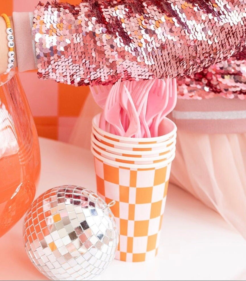 Pink &amp; Orange Checkered Cups - Stesha Party