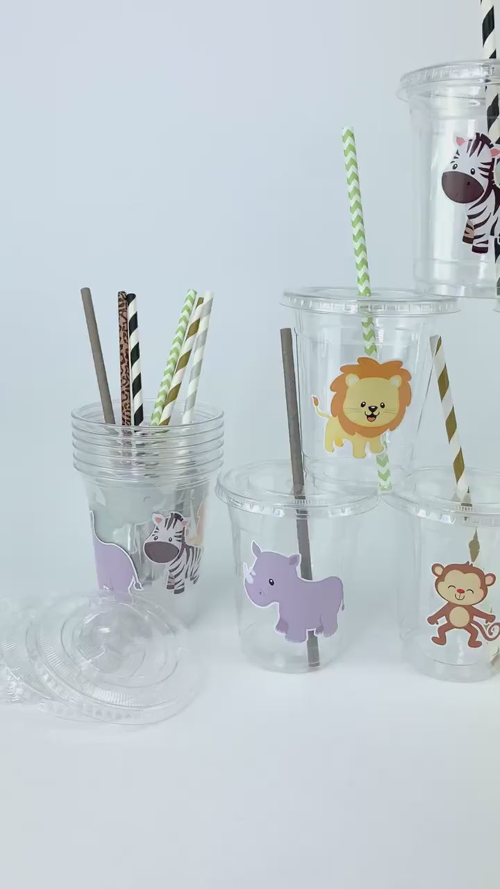 Safari Baby Shower Cups, Plastic Disposable Cups with Lids, Paper Straws, Safari Birthday Decorations, Birthday Favor Cups, Drinking Cups