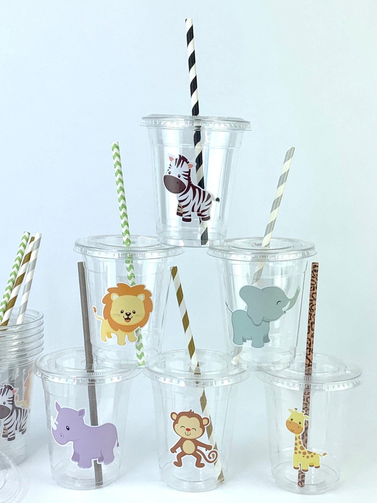 Safari Animal Plastic Cups with Lids & Straws - Stesha Party