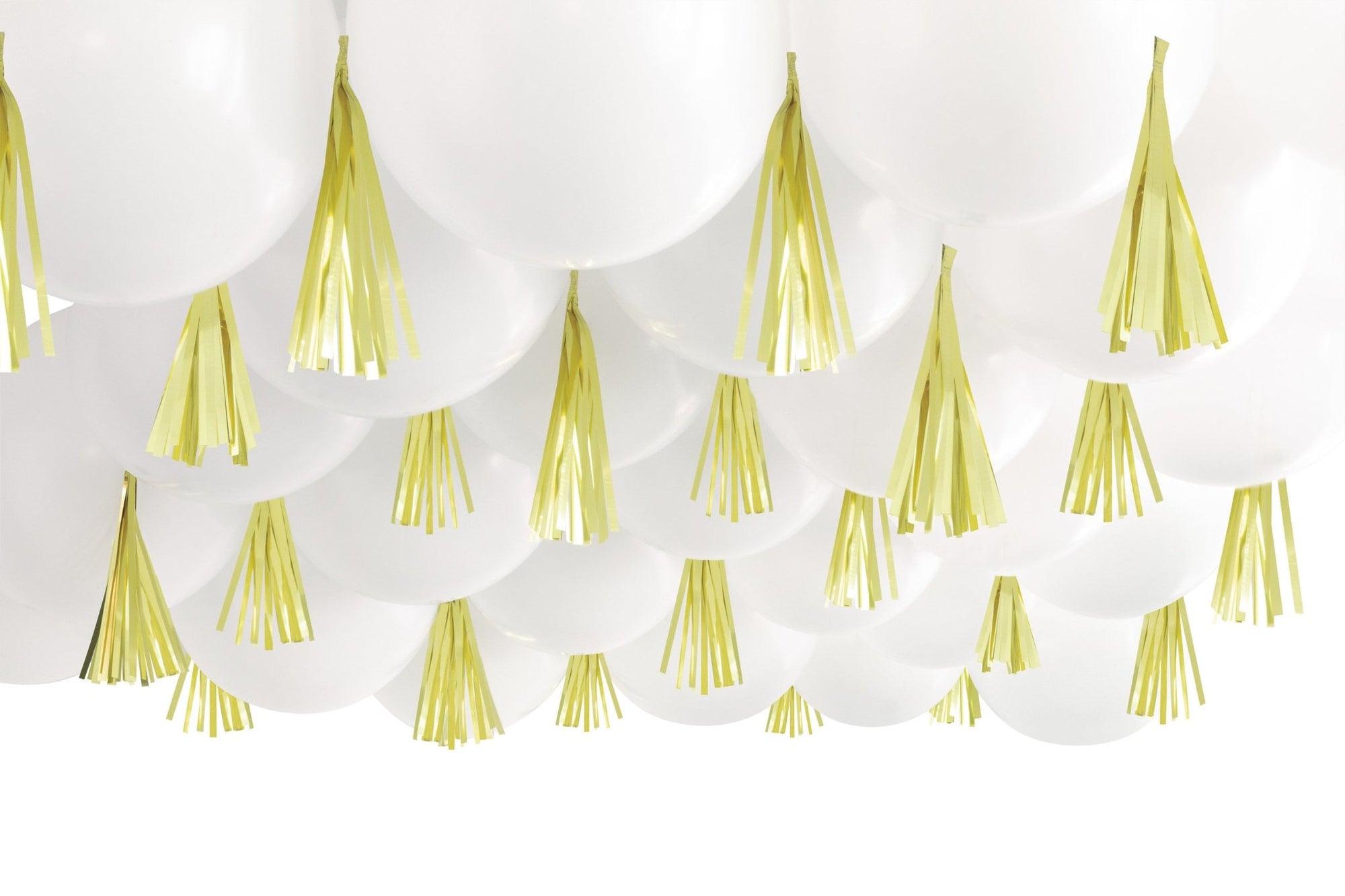 White Balloon Ceiling Decorations with Gold Tassels - Stesha Party