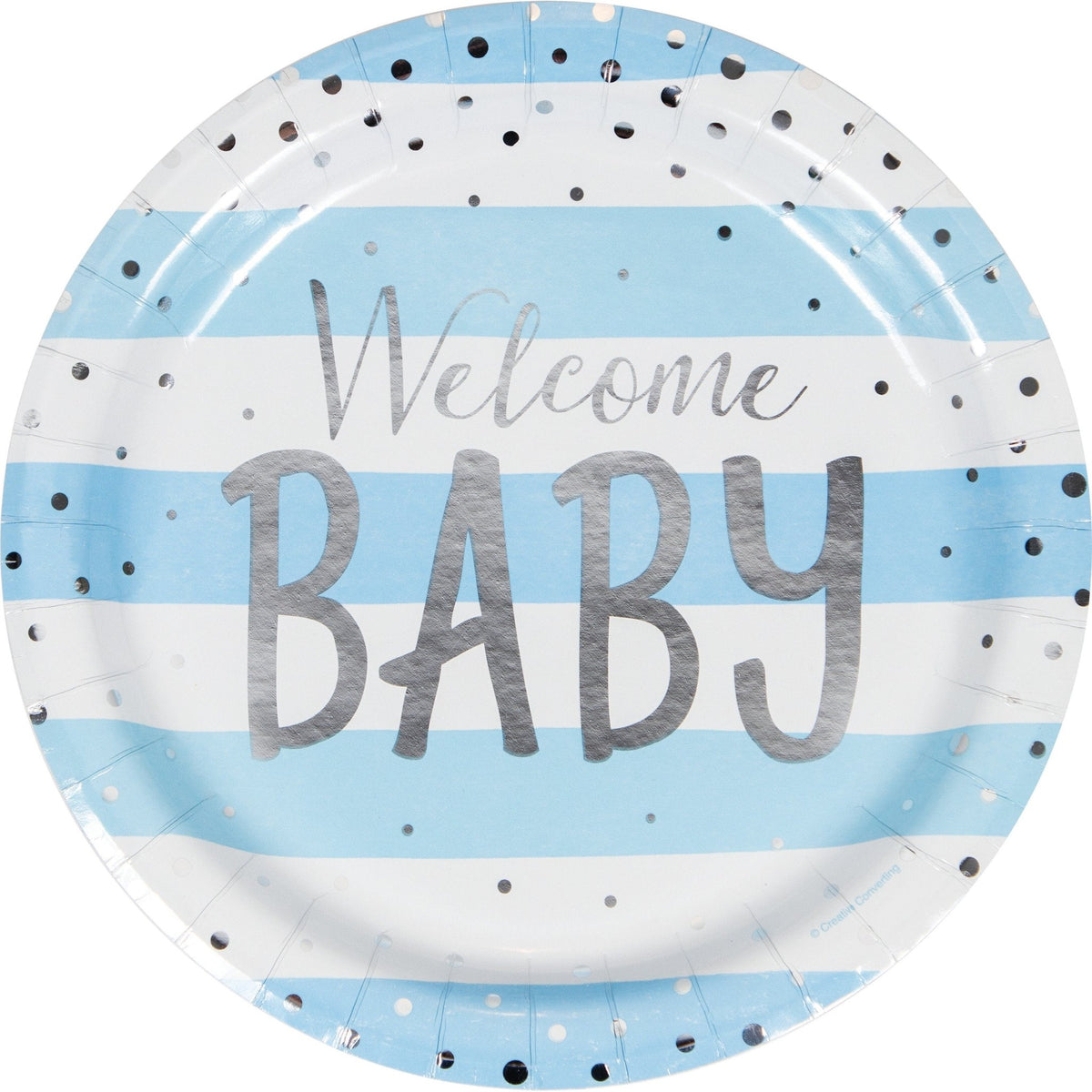 9&quot; Blue &amp; Silver Foil Welcome Baby Plates - Stesha Party