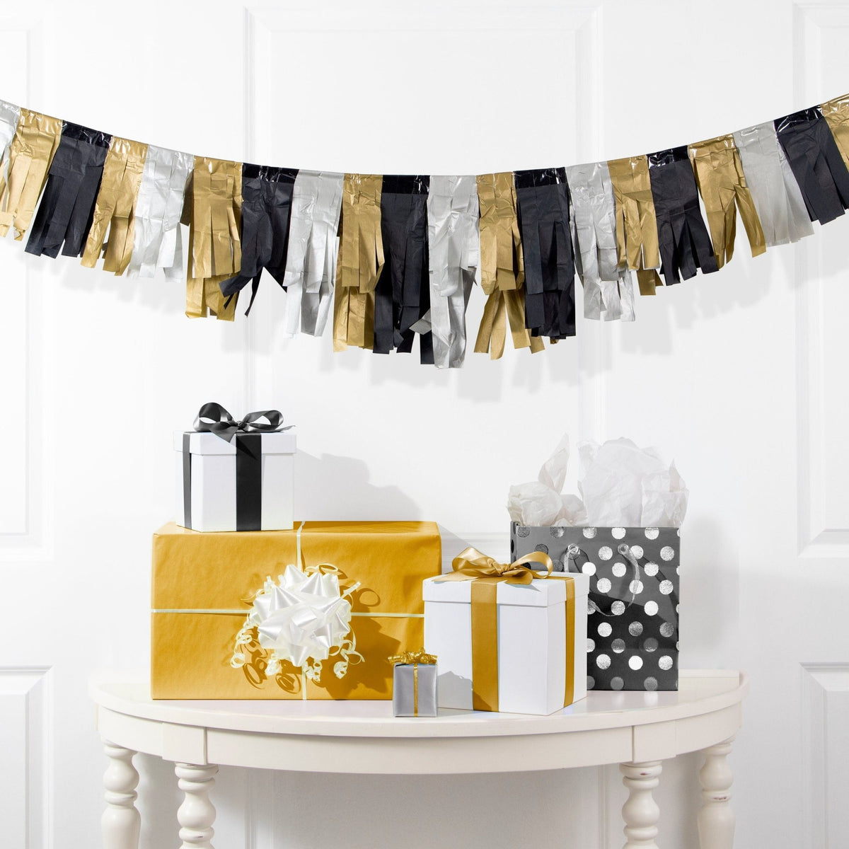 Black, Gold, &amp; Silver Tissue Banner - Stesha Party