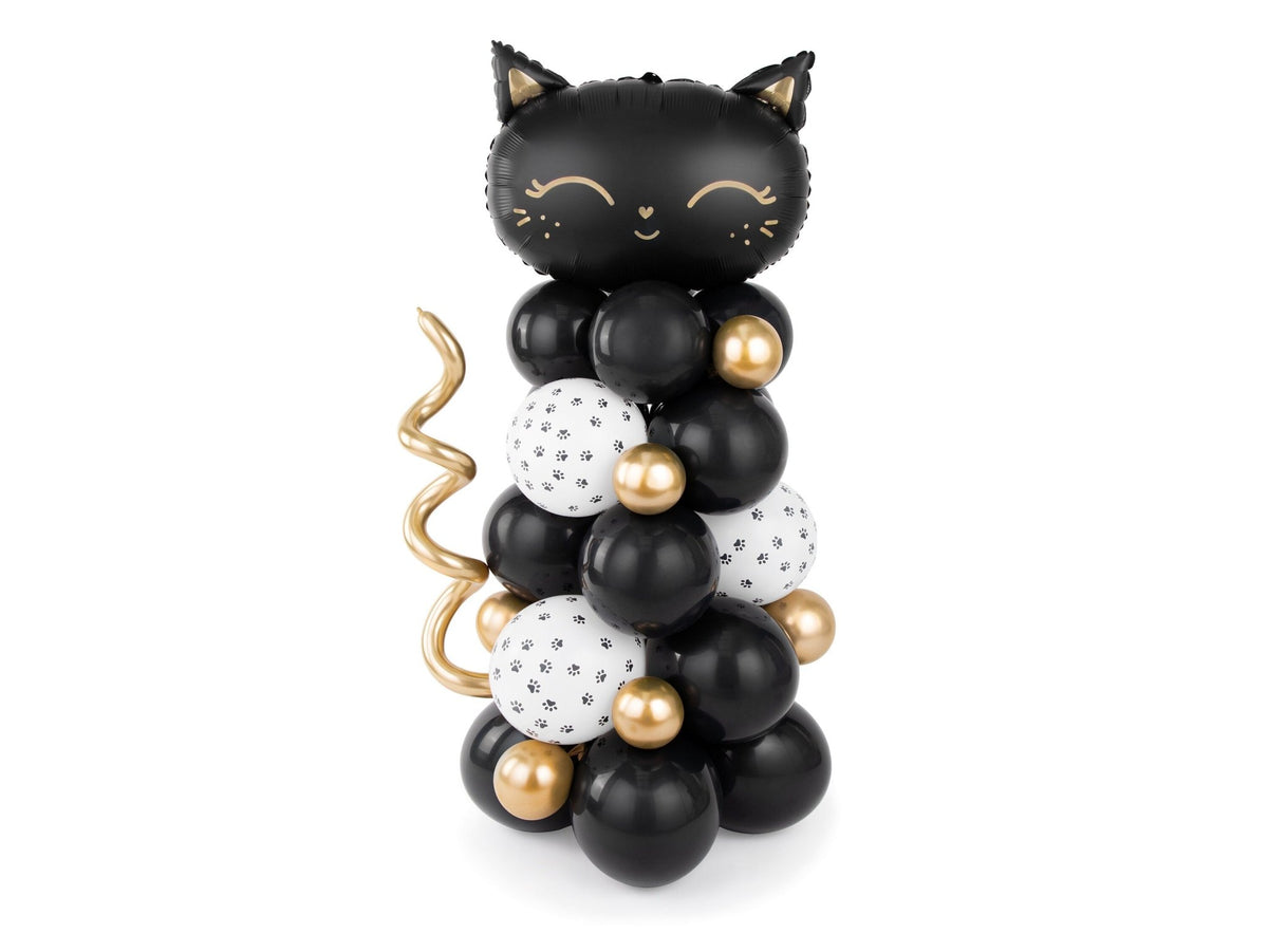 Black, White &amp; Gold Cat Party Balloon Tower - Stesha Party