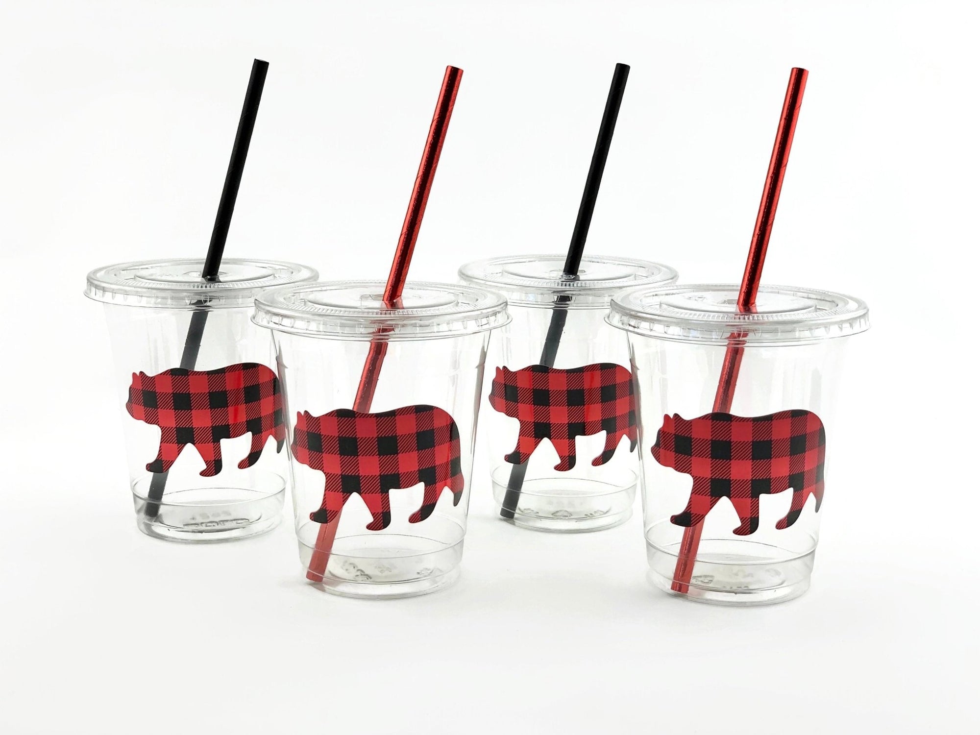 Buffalo Plaid Bear Clear Plastic Cups with Lids & Straws - Stesha Party