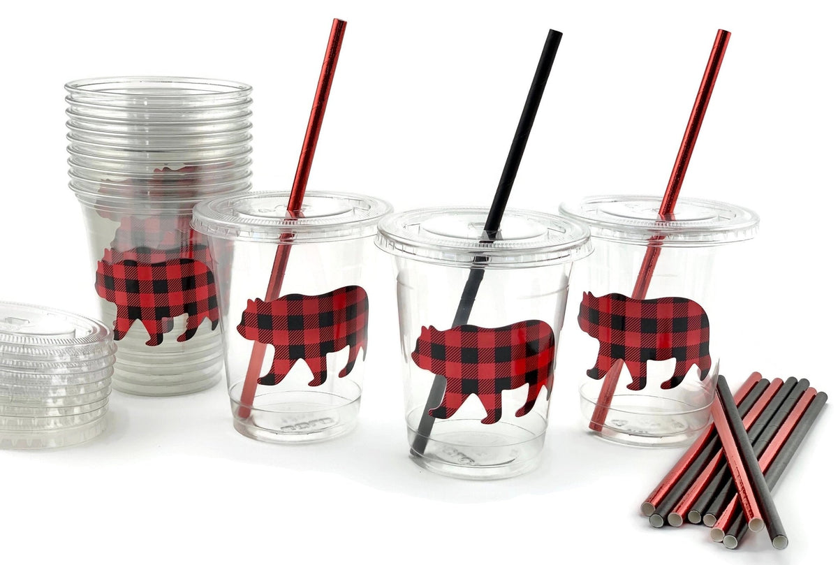 Buffalo Plaid Bear Clear Plastic Cups with Lids &amp; Straws - Stesha Party