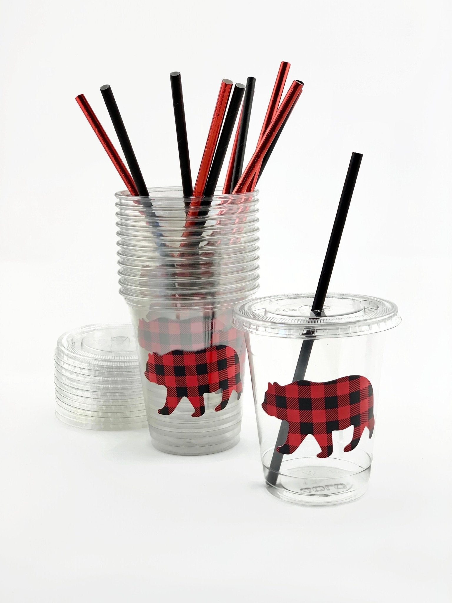 Buffalo Plaid Bear Clear Plastic Cups with Lids & Straws - Stesha Party