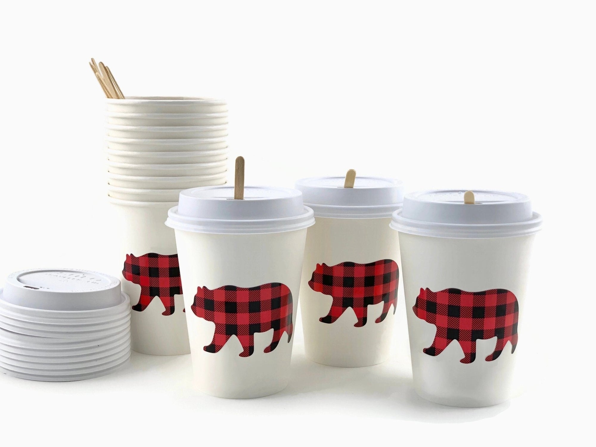 Buffalo Plaid Bear Paper Coffee Cups - Stesha Party