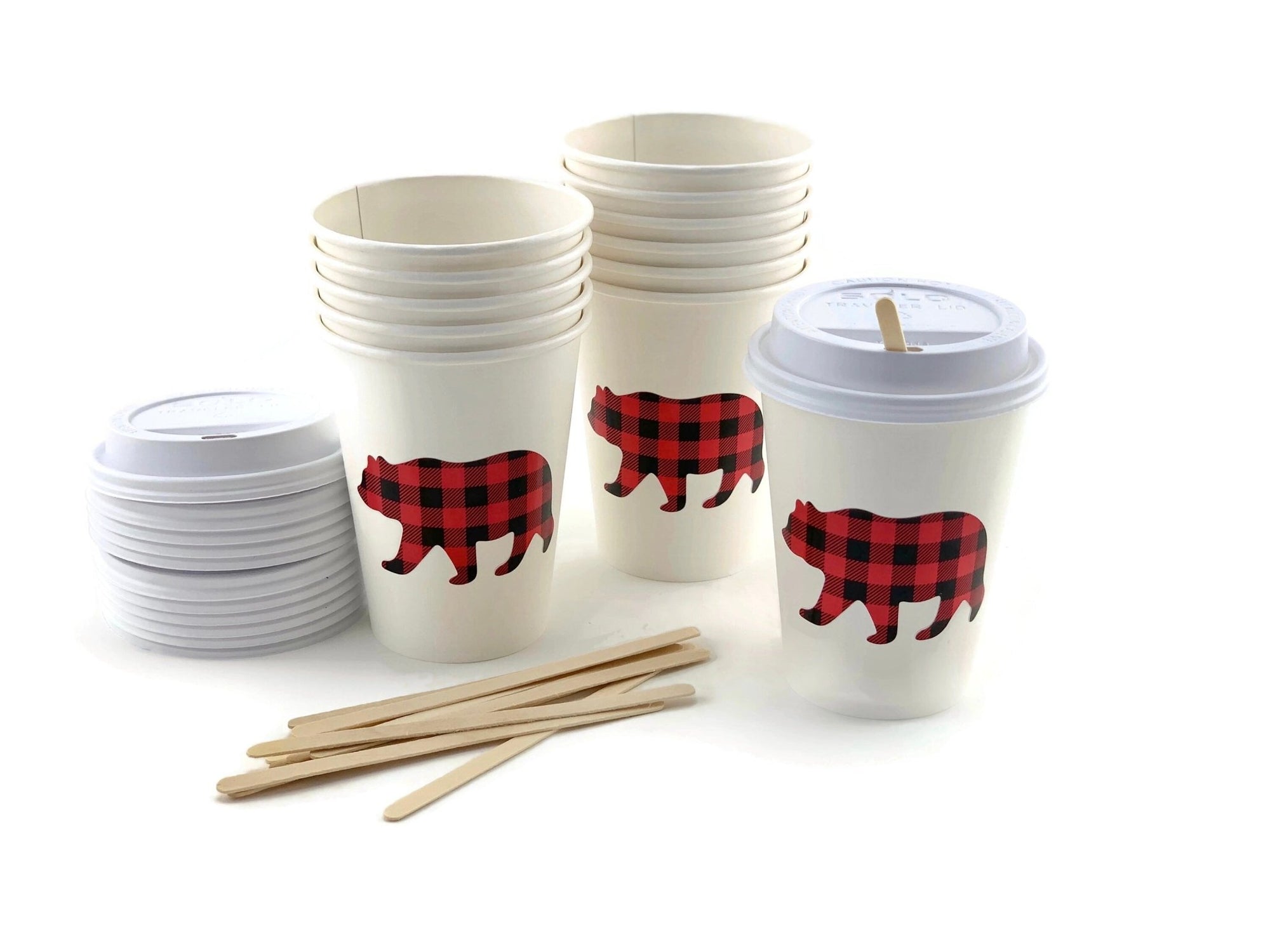 Buffalo Plaid Bear Paper Coffee Cups - Stesha Party