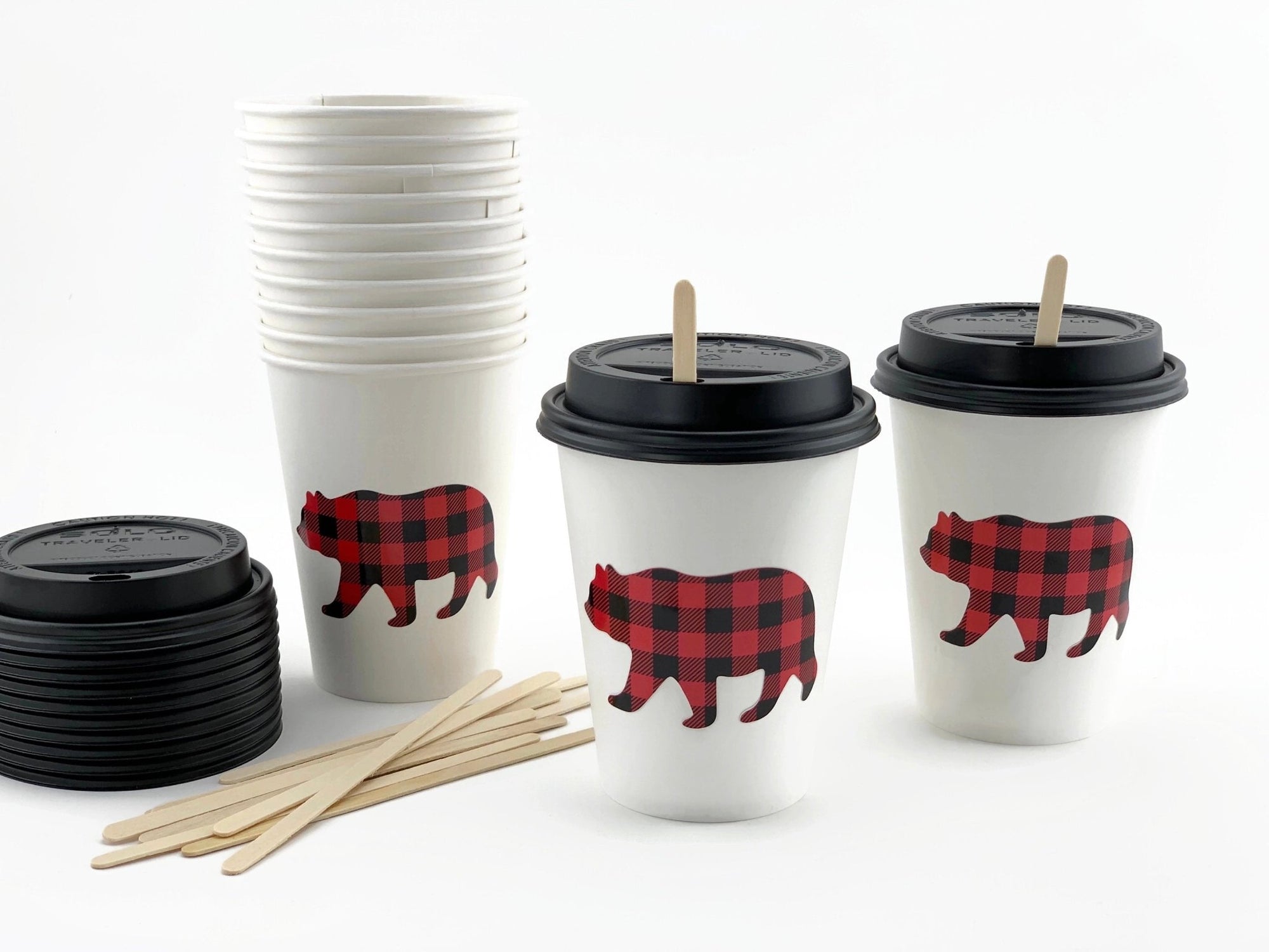 Buffalo Plaid Bear Paper Cups with Lids - Stesha Party