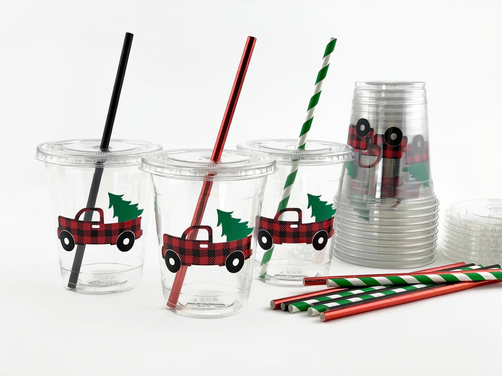 Buffalo Plaid Christmas Truck Clear Party Cups - Stesha Party