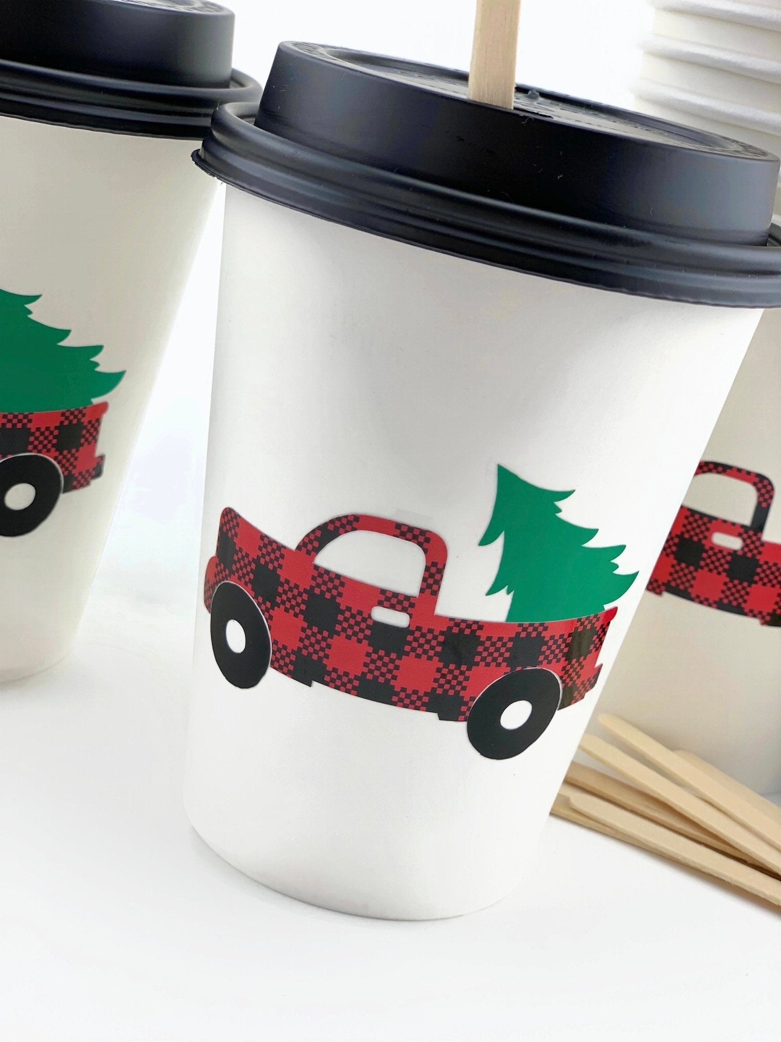 Buffalo Plaid Christmas Truck Paper Cups - Stesha Party