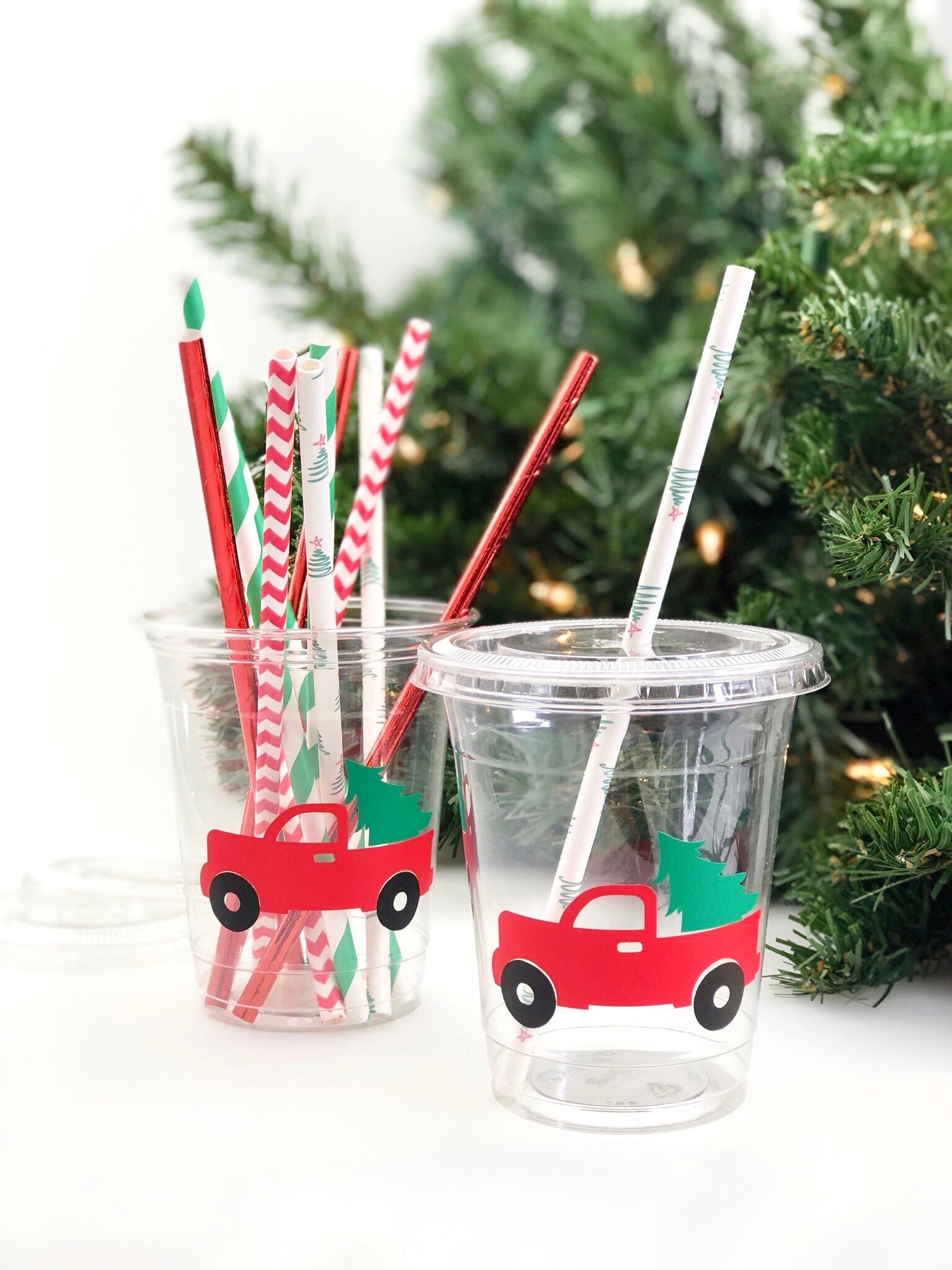 Christmas Red Truck Tree Plastic Cups - Stesha Party