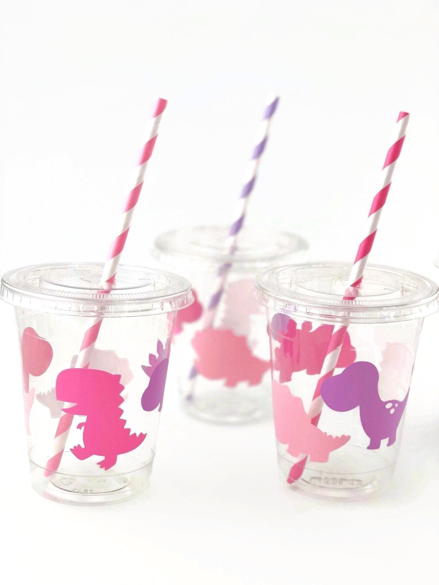 Lidded Clear Pink Dinosaur Party Cup Set - Stesha Party