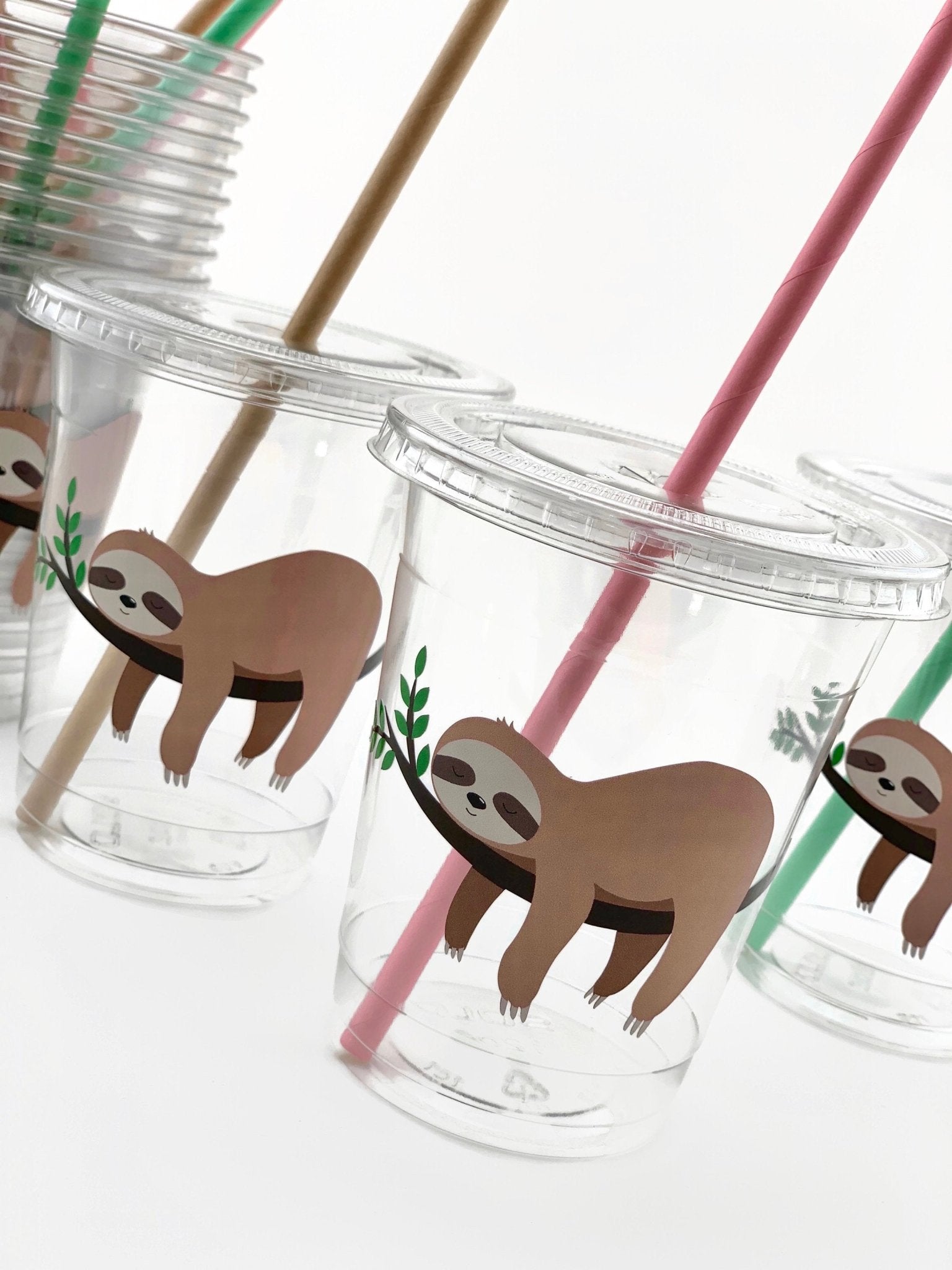 Lidded Clear Pink Sloth Party Cup Set - Stesha Party