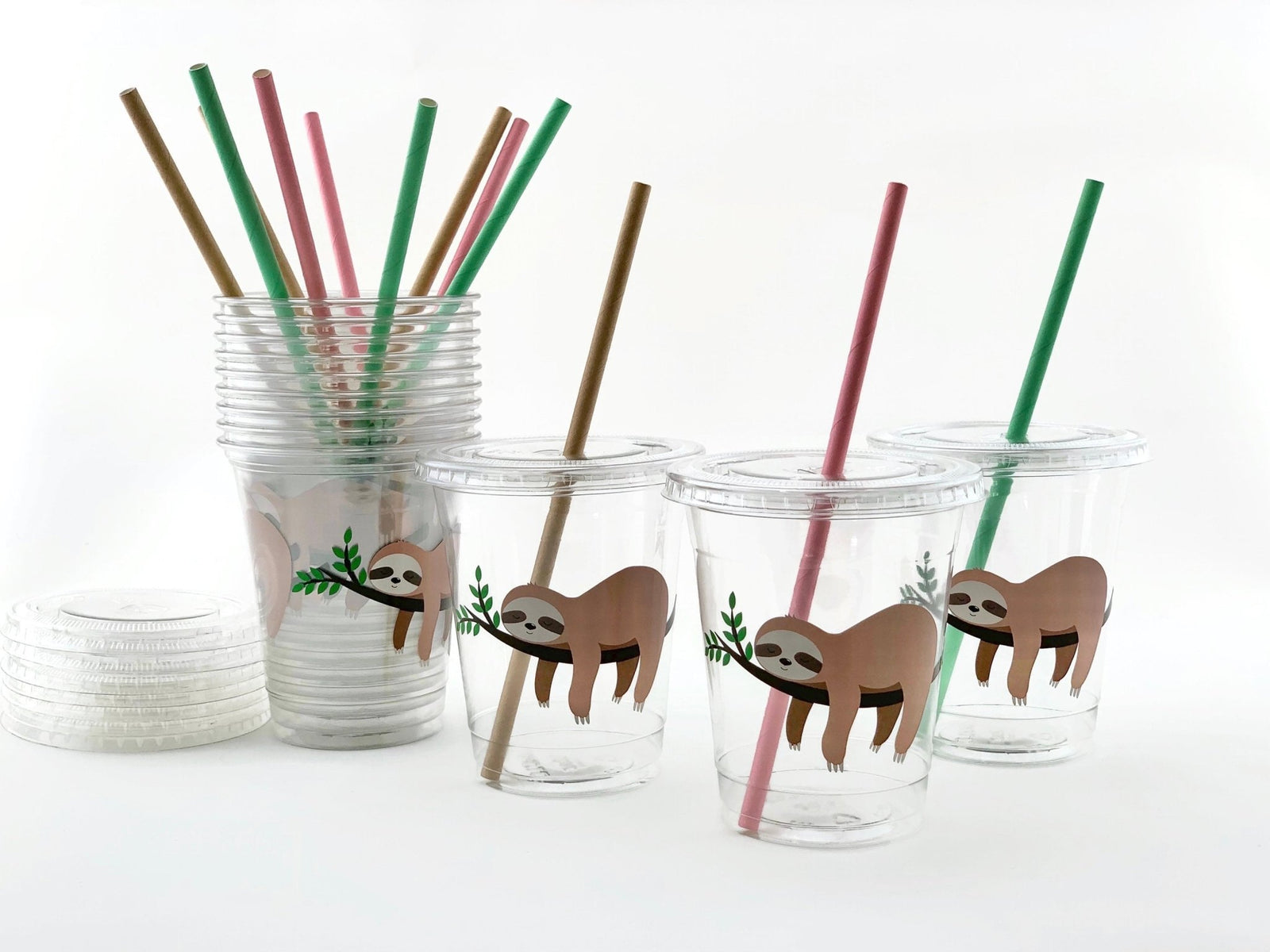 Lidded Clear Pink Sloth Party Cup Set - Stesha Party