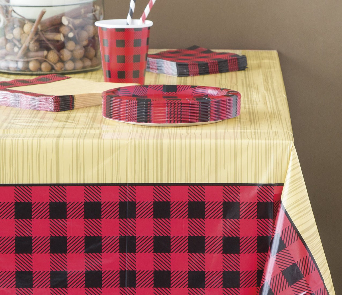 Lumberjack Buffalo Plaid Plastic Wood Grain Tablecloth - Stesha Party