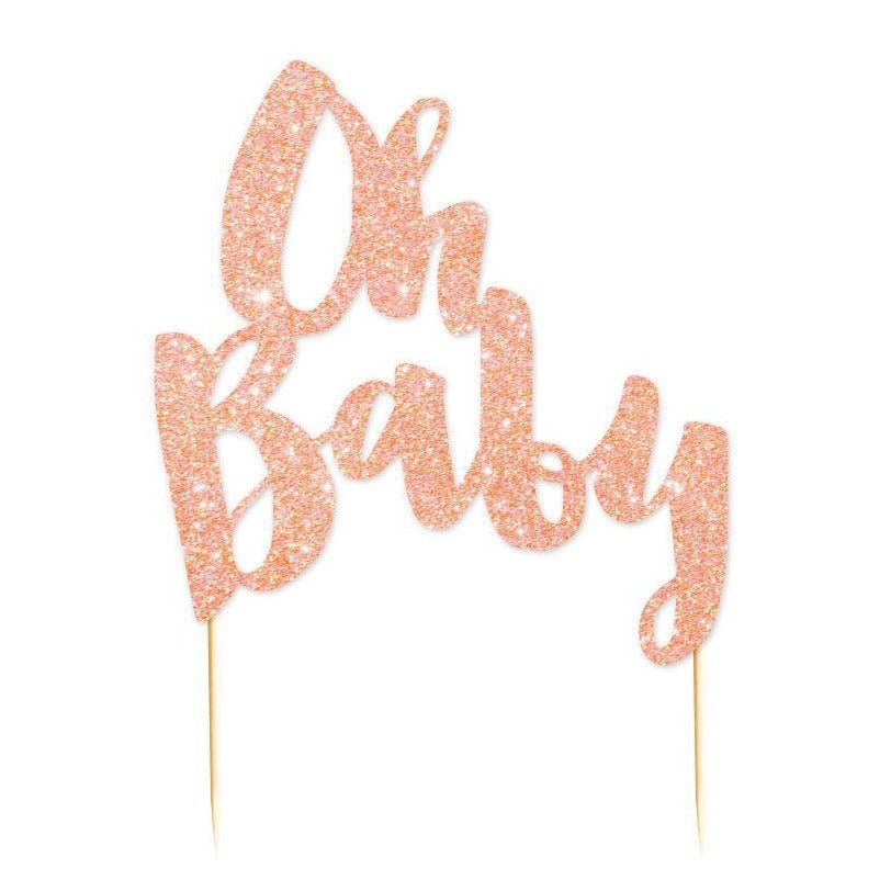 &quot;Oh Baby&quot; Rose Gold Glitter Cake Topper - Stesha Party