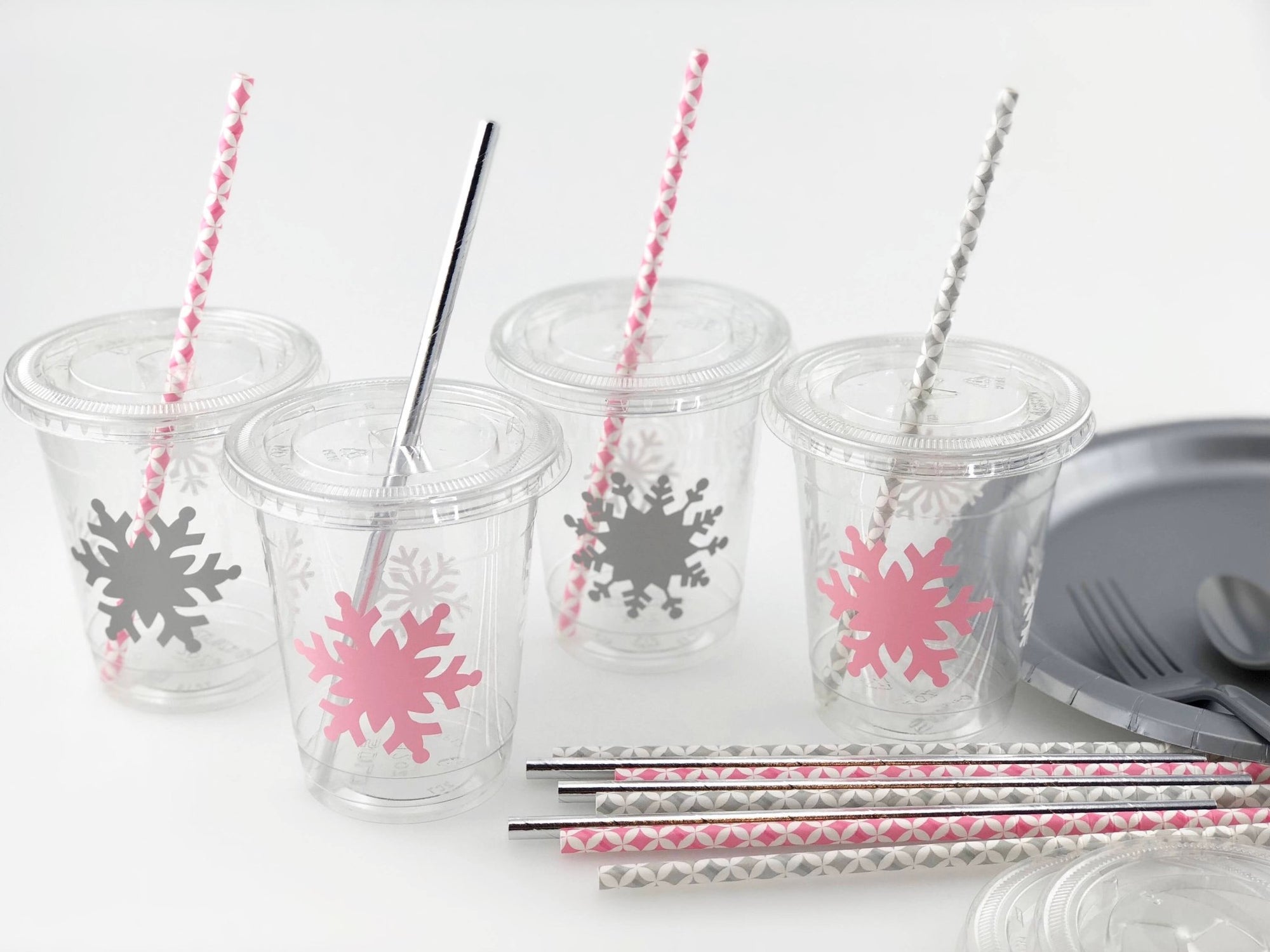 Pink and Silver Lidded Snowflake Cups - Stesha Party