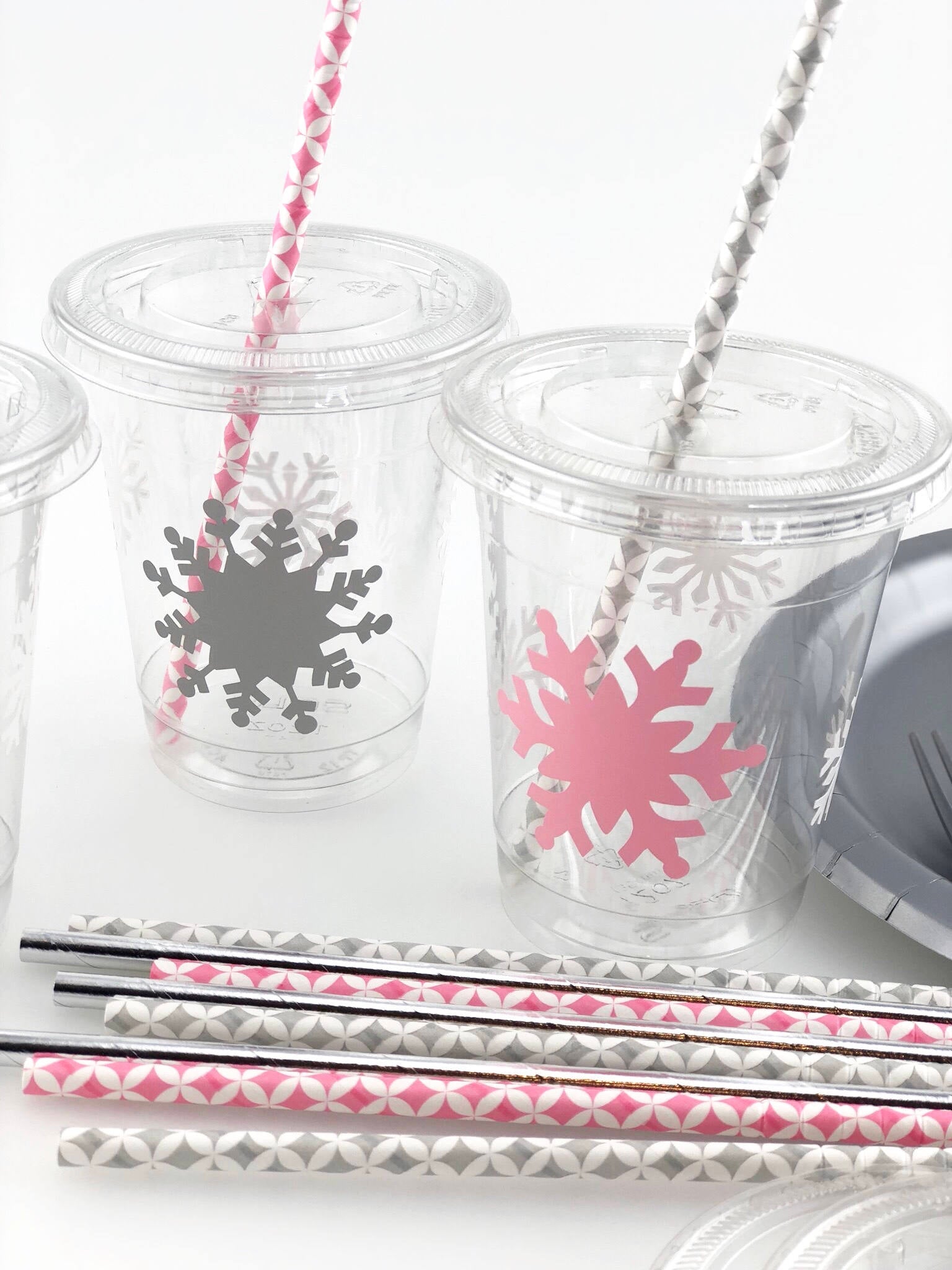 Pink and Silver Lidded Snowflake Cups - Stesha Party