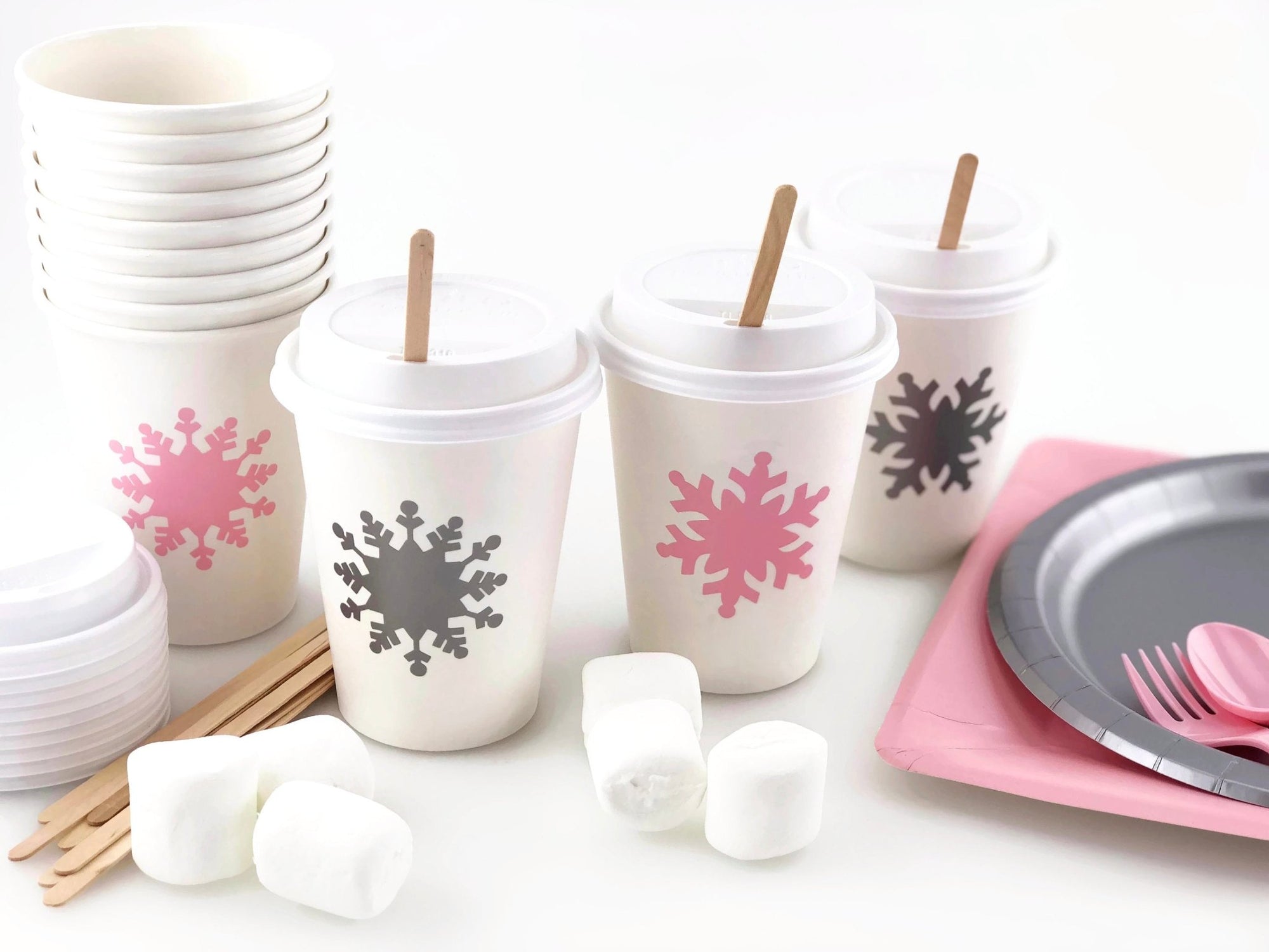 Pink and Silver Snowflake Coffee Cups - Stesha Party