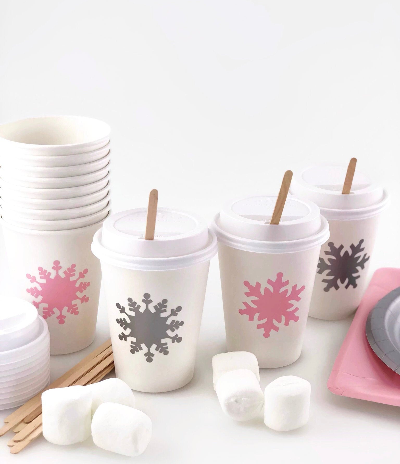 Pink and Silver Snowflake Coffee Cups - Stesha Party