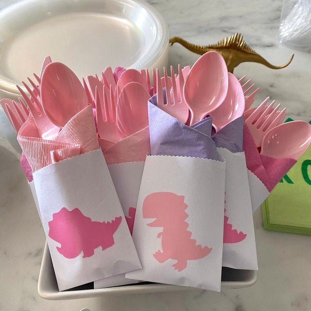 Pink Dinosaur Cutlery Bag Set - Stesha Party