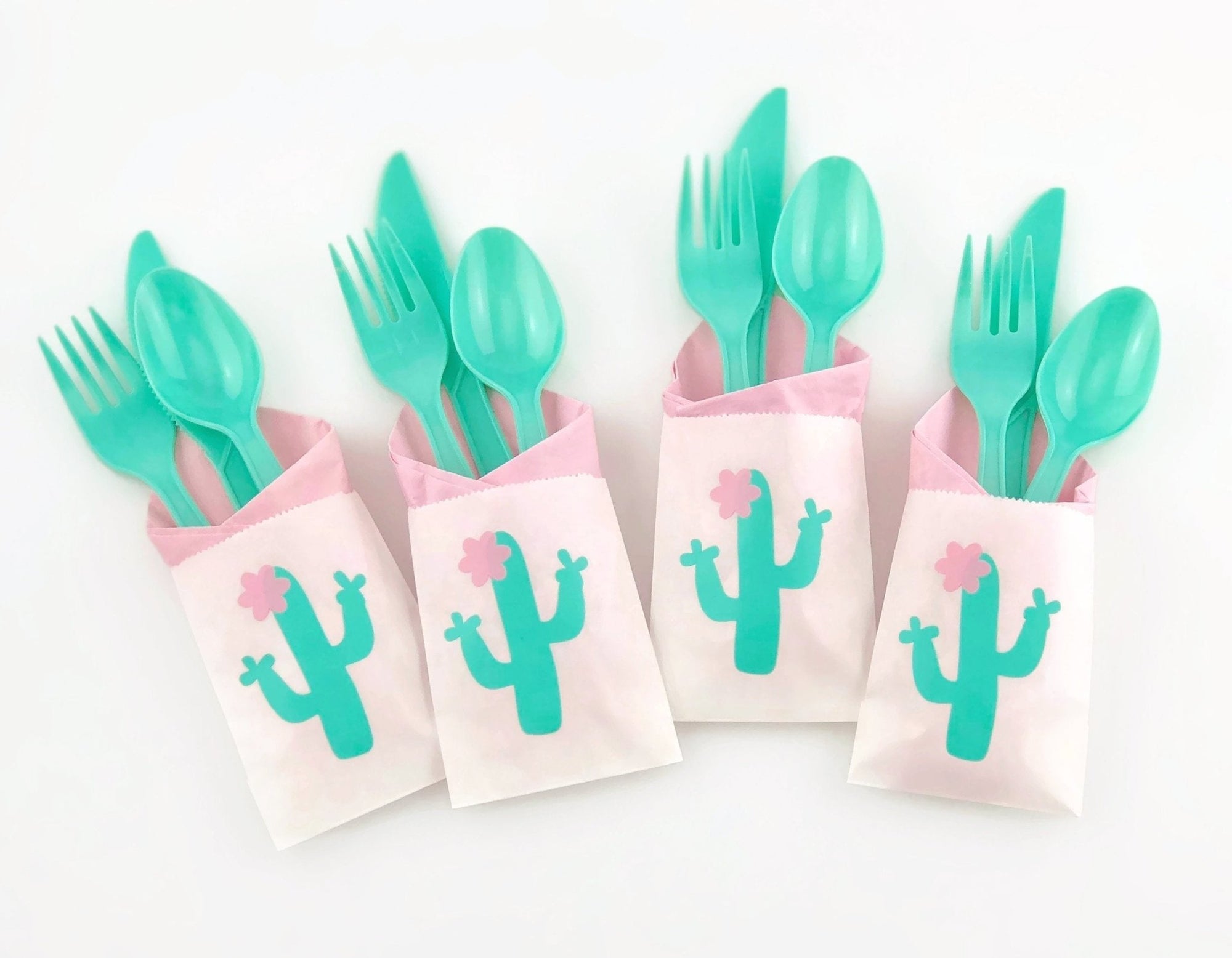 Pink & Mint Cactus Party Cutlery Bag Set - Stesha Party