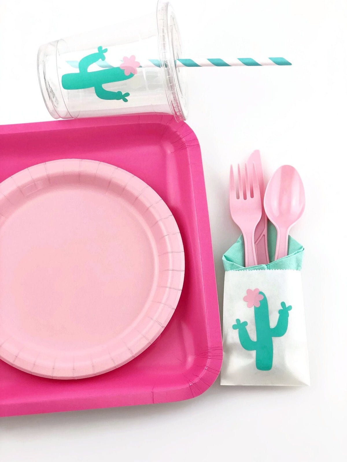 Pink &amp; Mint Cactus Party Cutlery Bag Set - Stesha Party