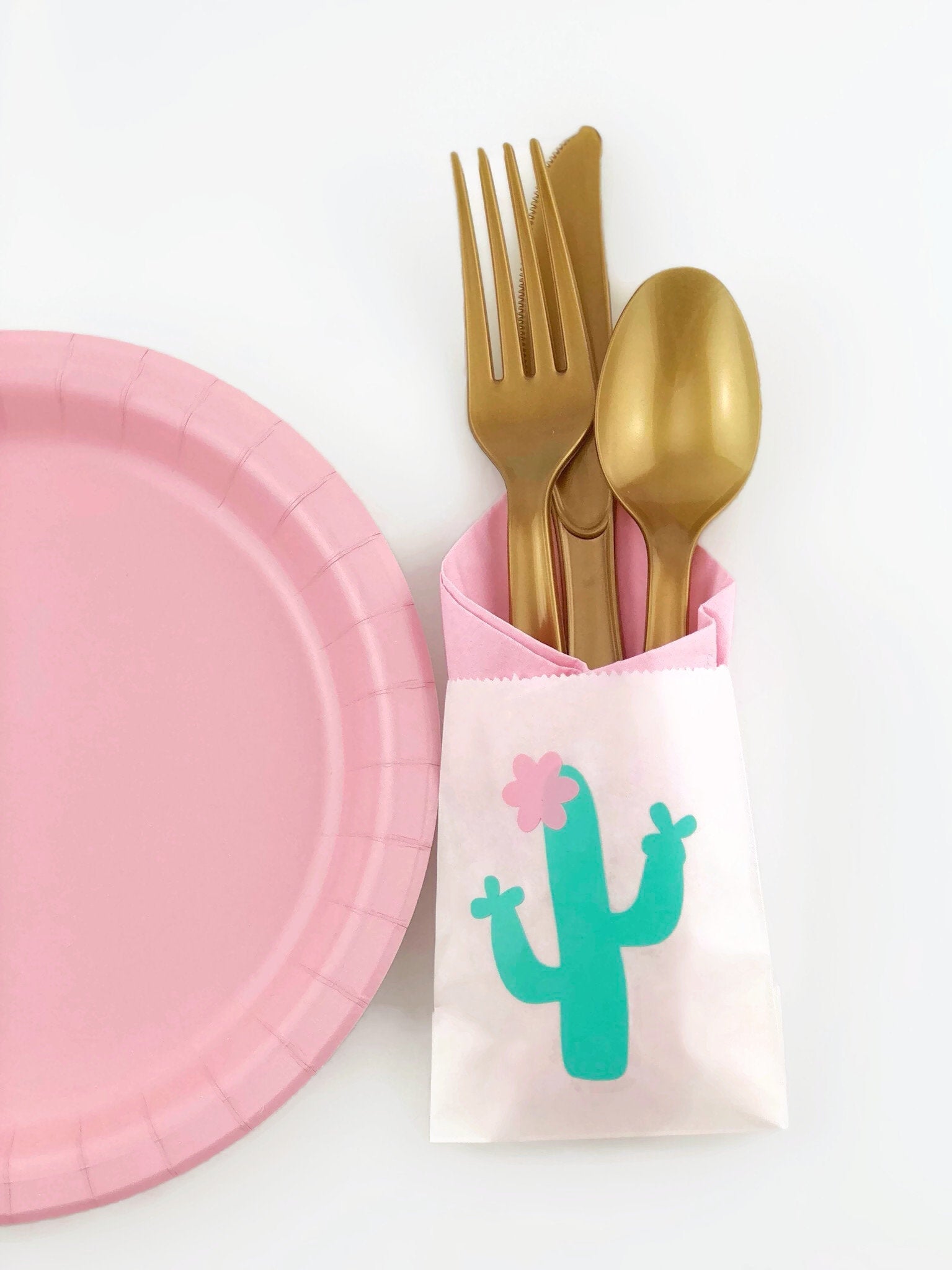 Pink & Mint Cactus Party Cutlery Bag Set - Stesha Party