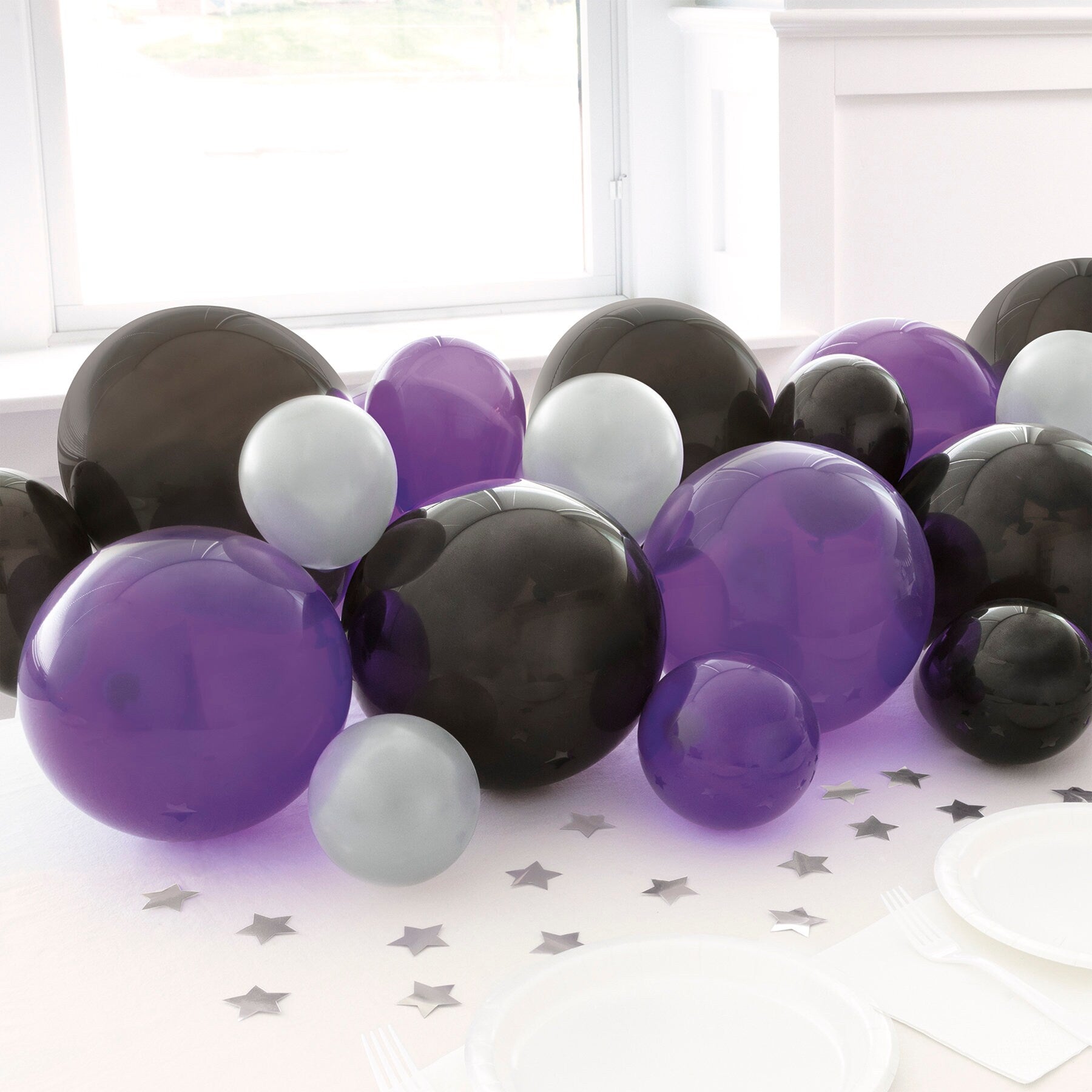 Purple, Silver & Black Galaxy Balloon Table Runner & Confetti - Stesha Party