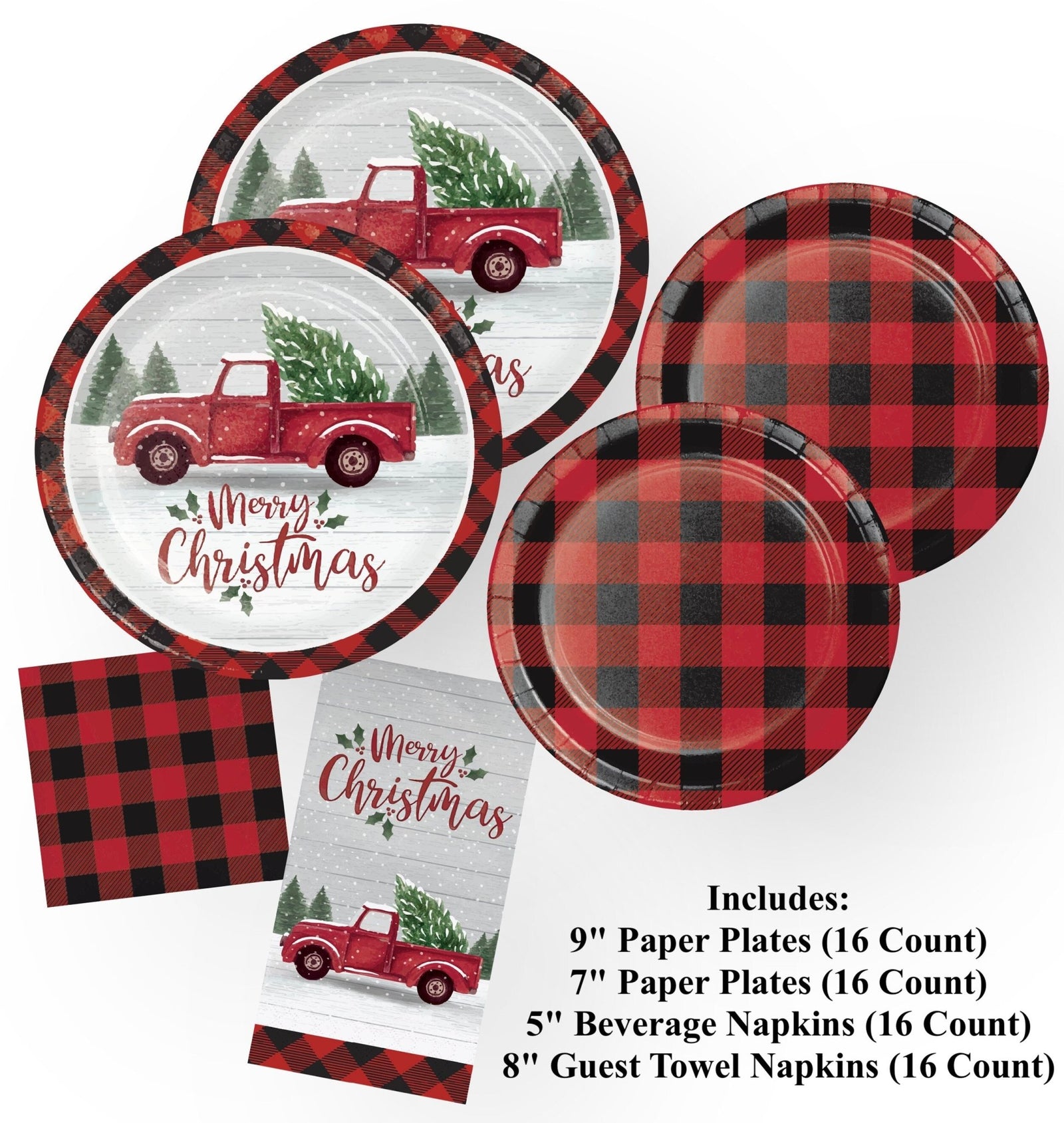 Red Truck Buffalo Plaid Christmas Plates Napkins Stesha Party