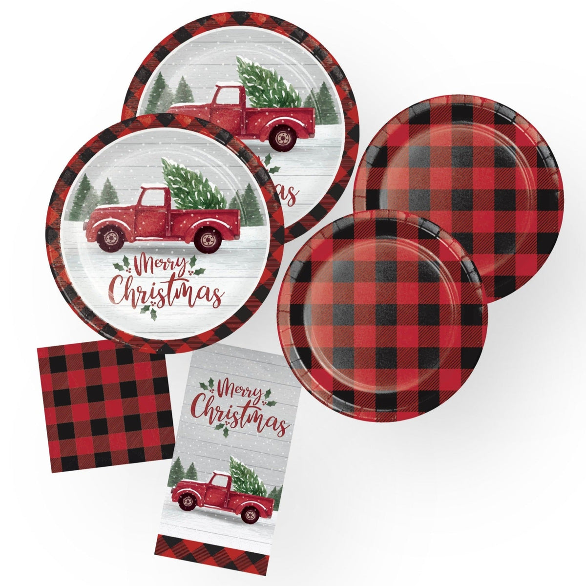 Red Truck Buffalo Plaid Christmas Plates &amp; Napkins - Stesha Party