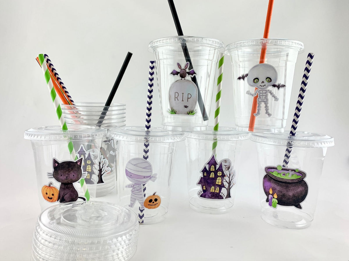 Kids' Halloween Reusable Plastic Cups with Lids & Straws - 12 Ct.